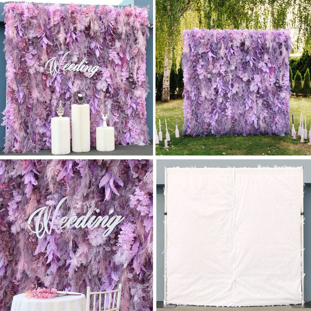 Roseytime Romantic Purple Artificial Feather Cloth Flower Wall for Wedding Birthday Party Decoration 