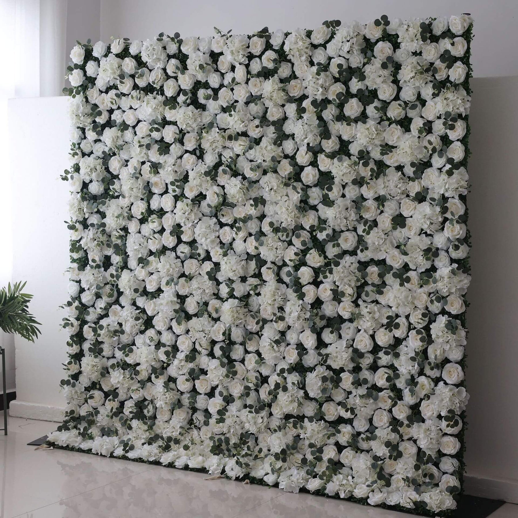 Roseytime 2D White&GreenFlower Wall Roll Up Fabric Back #RTW312