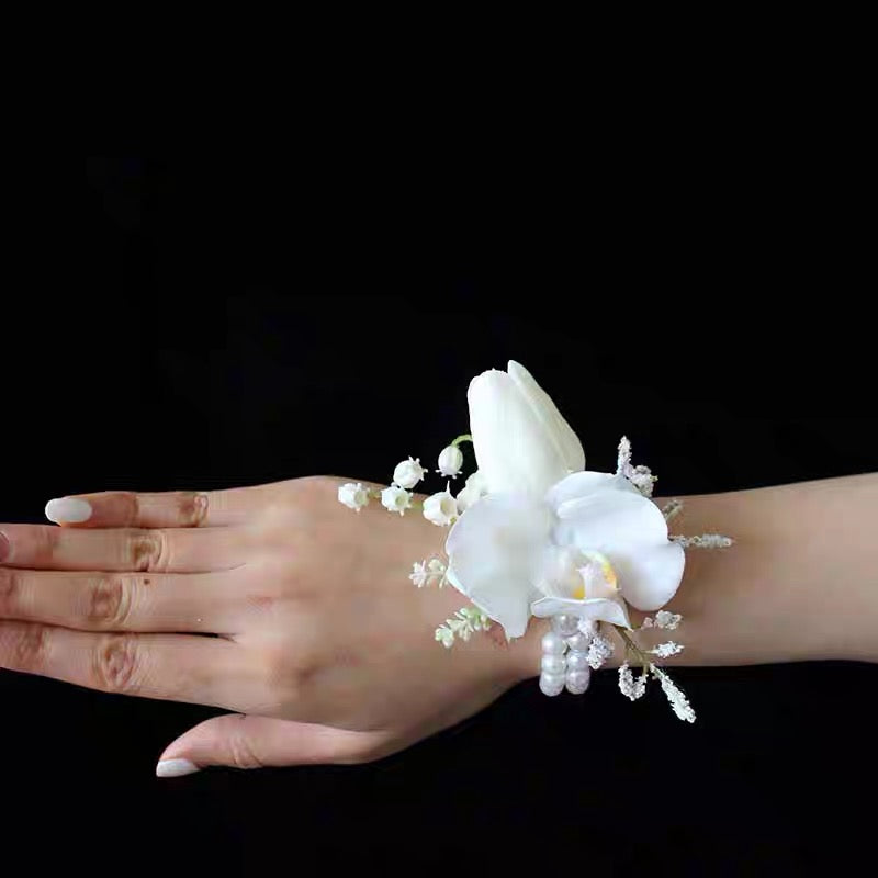 Roseytime White Tulip Wrist Corsage for Wedding RTWC007