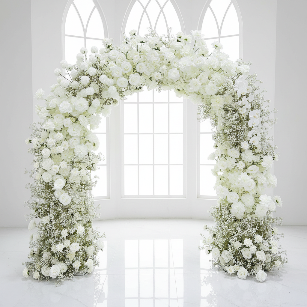 RoseyTime White Roses&Baby's Breath Arch n-shape Round Arch #RTA151