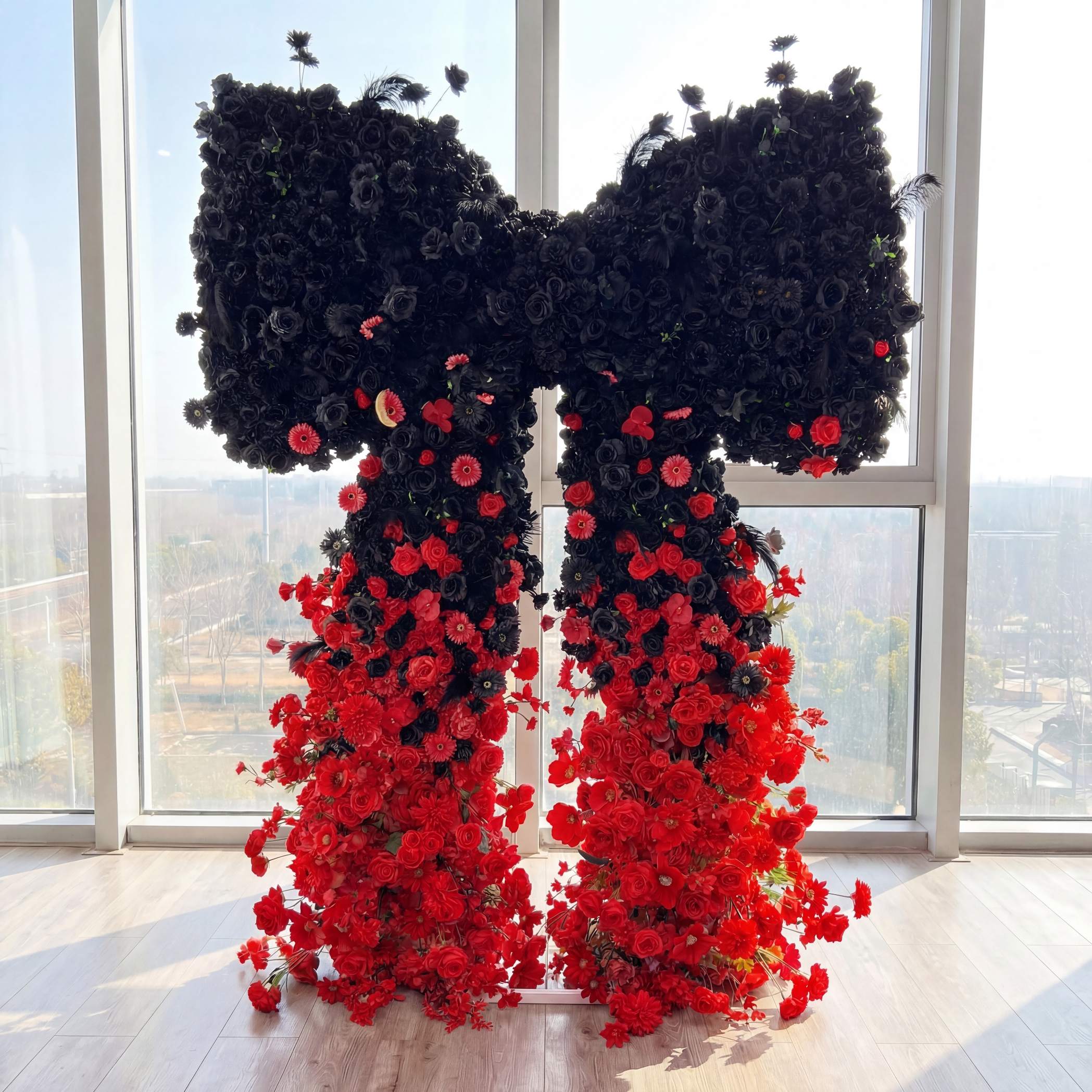 Roseytime Gradient Black Red Bow Flower Wall Roll Up Fabric Back #RTW432