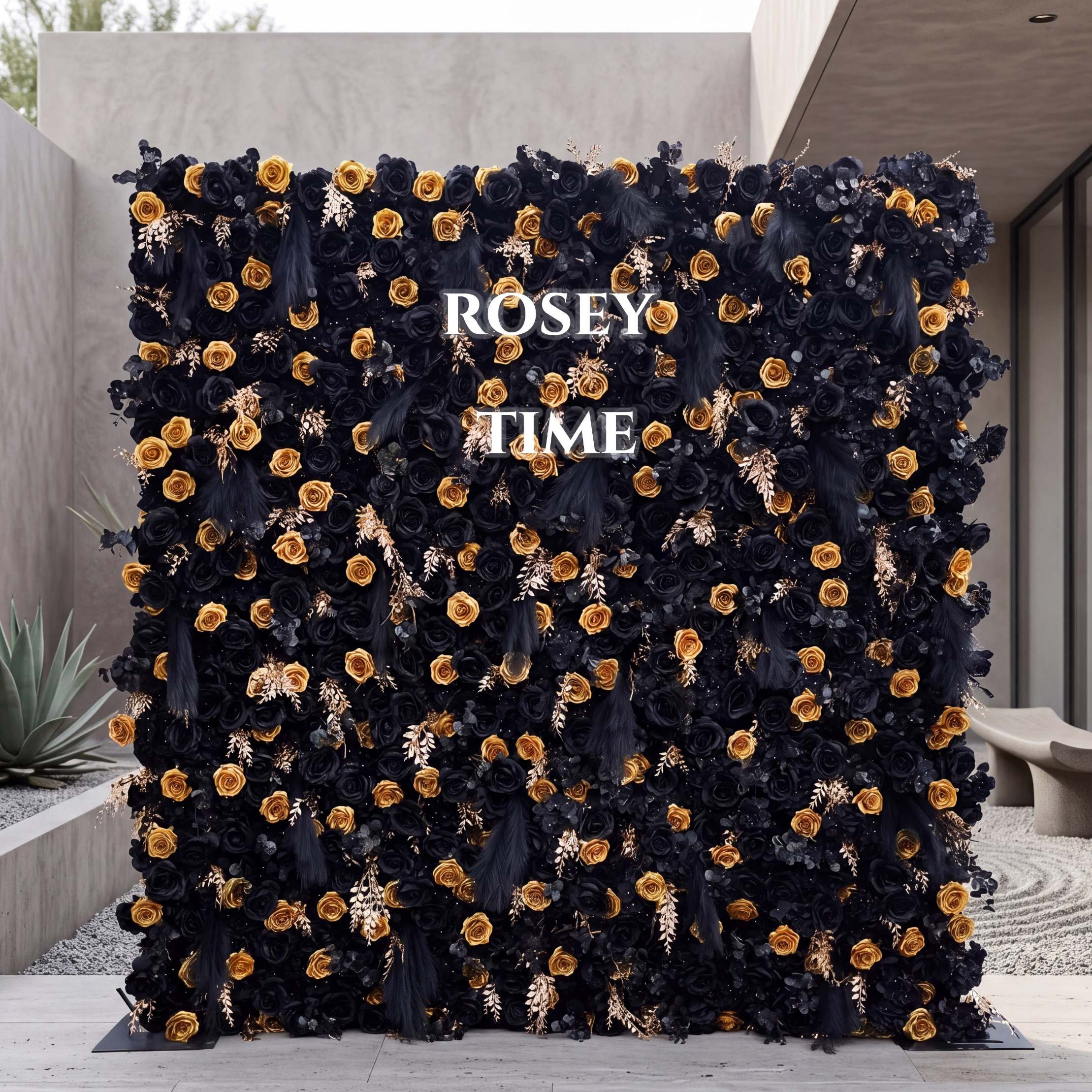 Roseytime 5D Black&Gold Flower Wall Roll Up Fabric Back #RTW017
