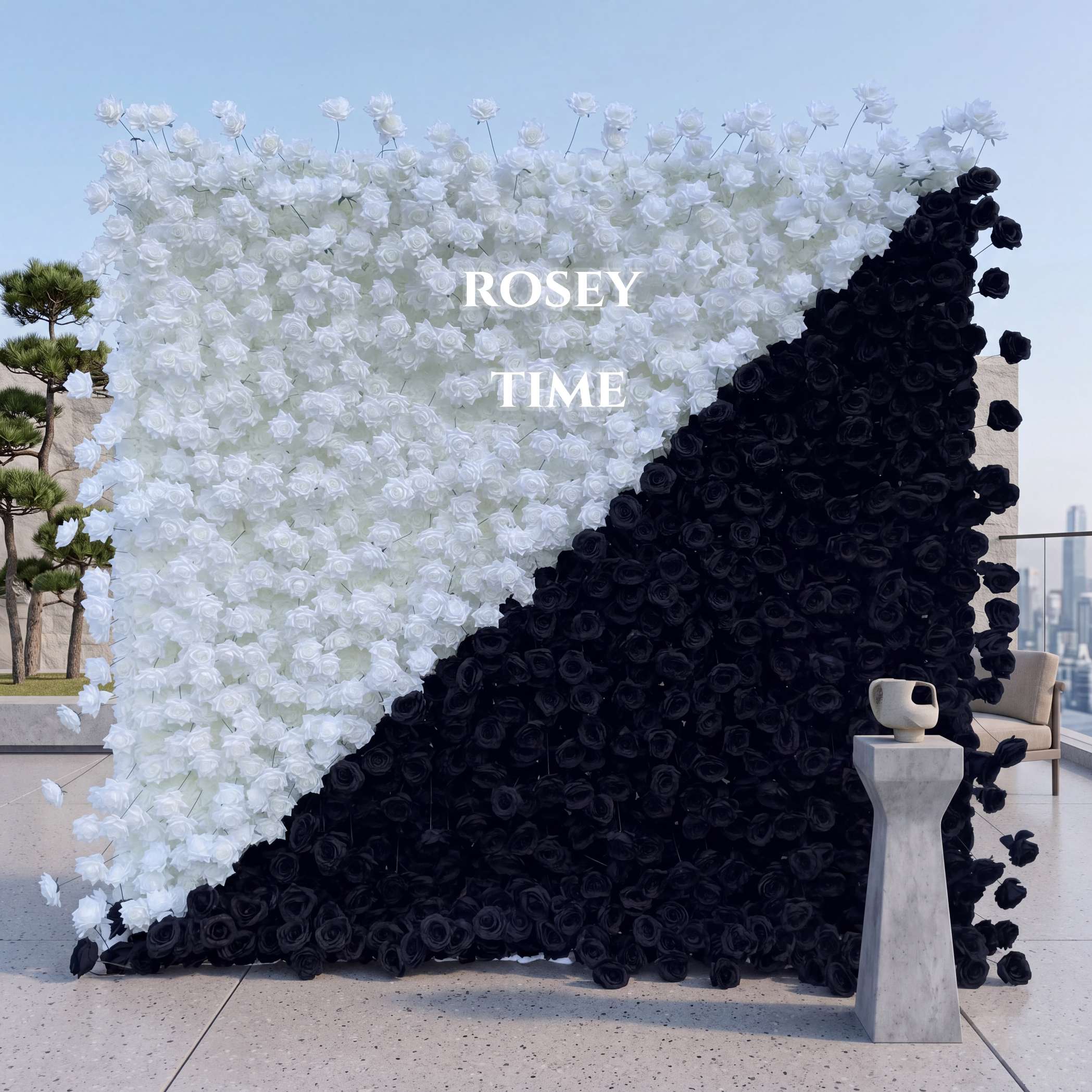 Roseytime 3D White&Black Flower Wall Roll Up Fabric Back #RTW002