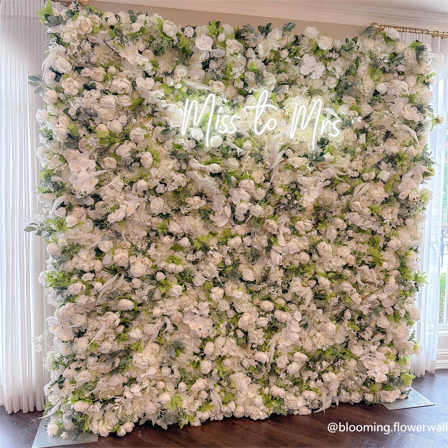 Roseytime 3D White&Green Artificial Flower Wall Roll Up Fabric Back #RTW277