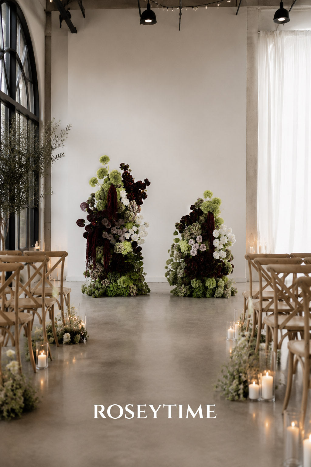 Roseytime Burgundy Olive Elegance with Plum Flower Pillars Arch with Frame #RTP161