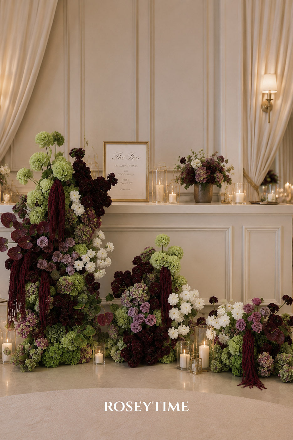 Roseytime Burgundy Olive Elegance with Plum Flower Pillars Arch with Frame #RTP161