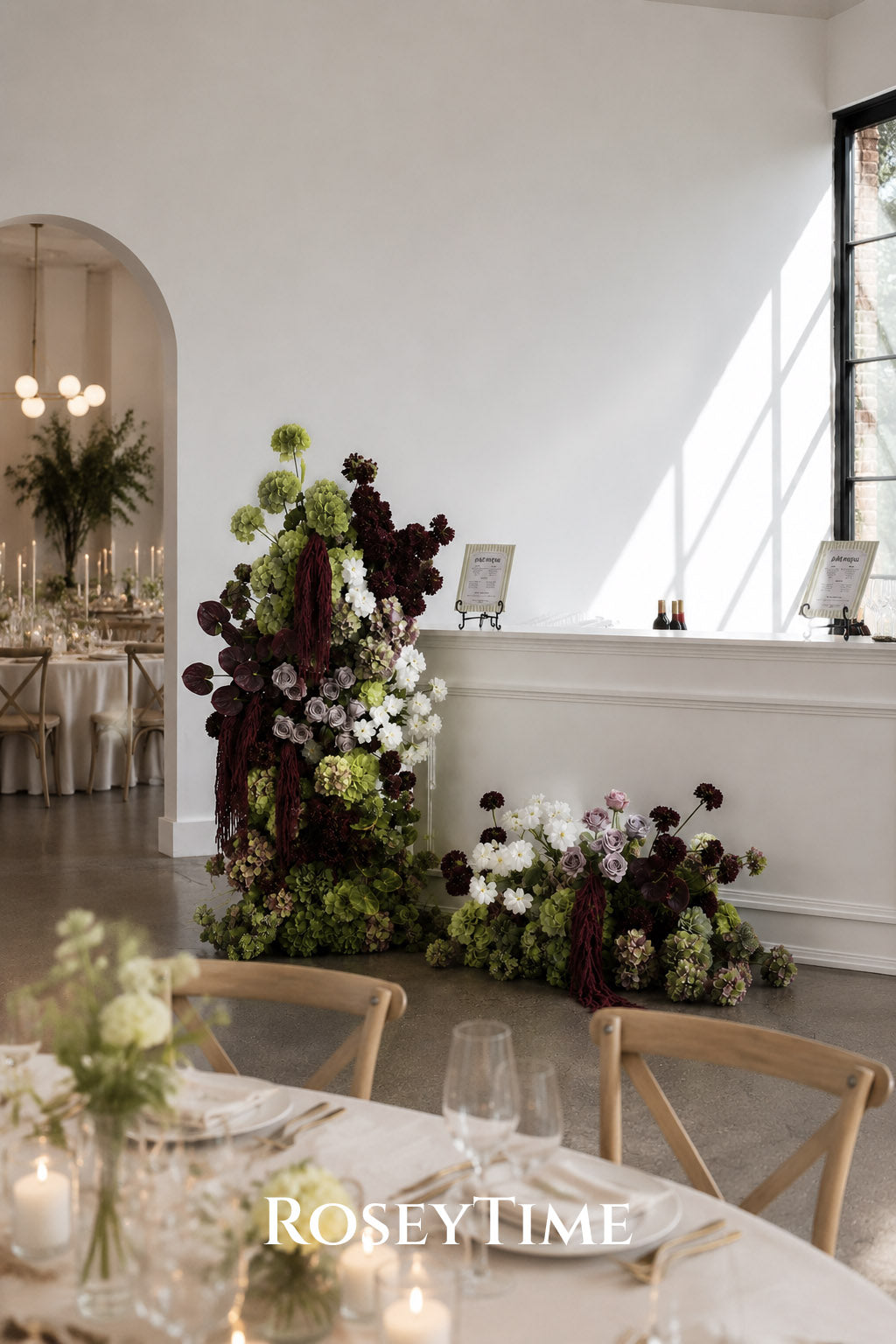 Roseytime Burgundy Olive Elegance with Plum Flower Pillars Arch with Frame #RTP161