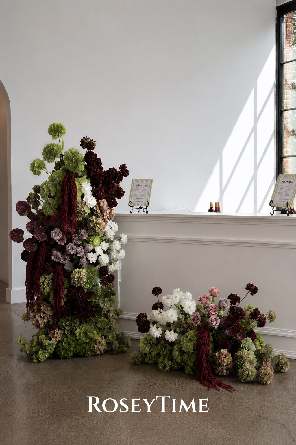 Roseytime Burgundy Olive Elegance with Plum Flower Pillars Arch with Frame #RTP161