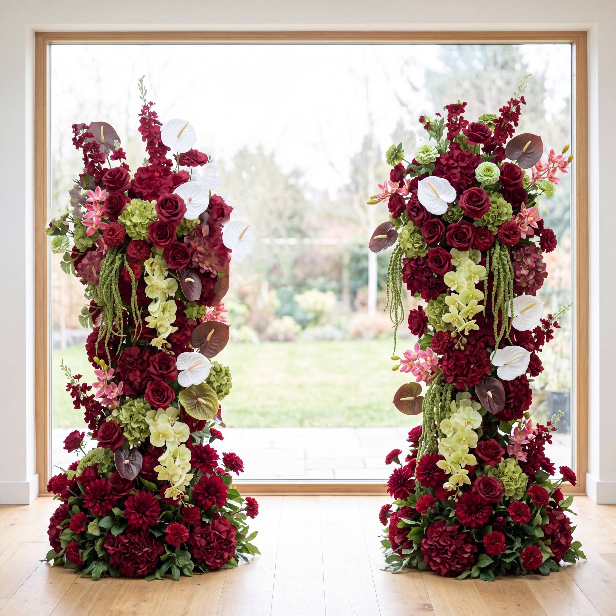 Roseytime Burgundy Mosscurl Flower Pillars Arch with Frame #RTP139