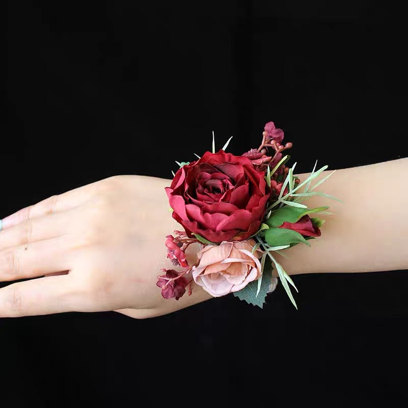 Roseytime Burgundy Wrist Corsage for Wedding RTWC004