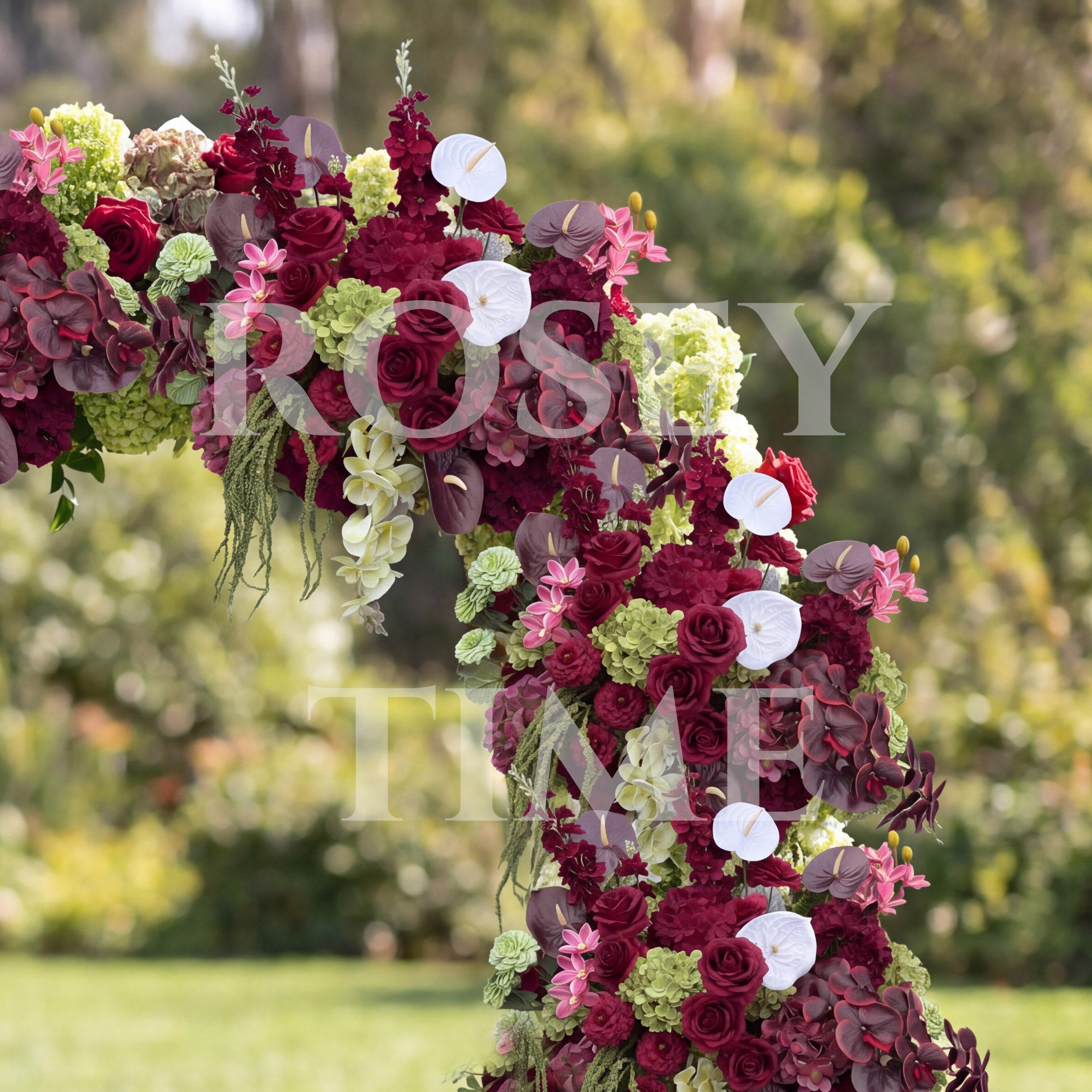 RoseyTime Burgundy Mosscurl Flower Arch n-shape Round Arch #RTA483