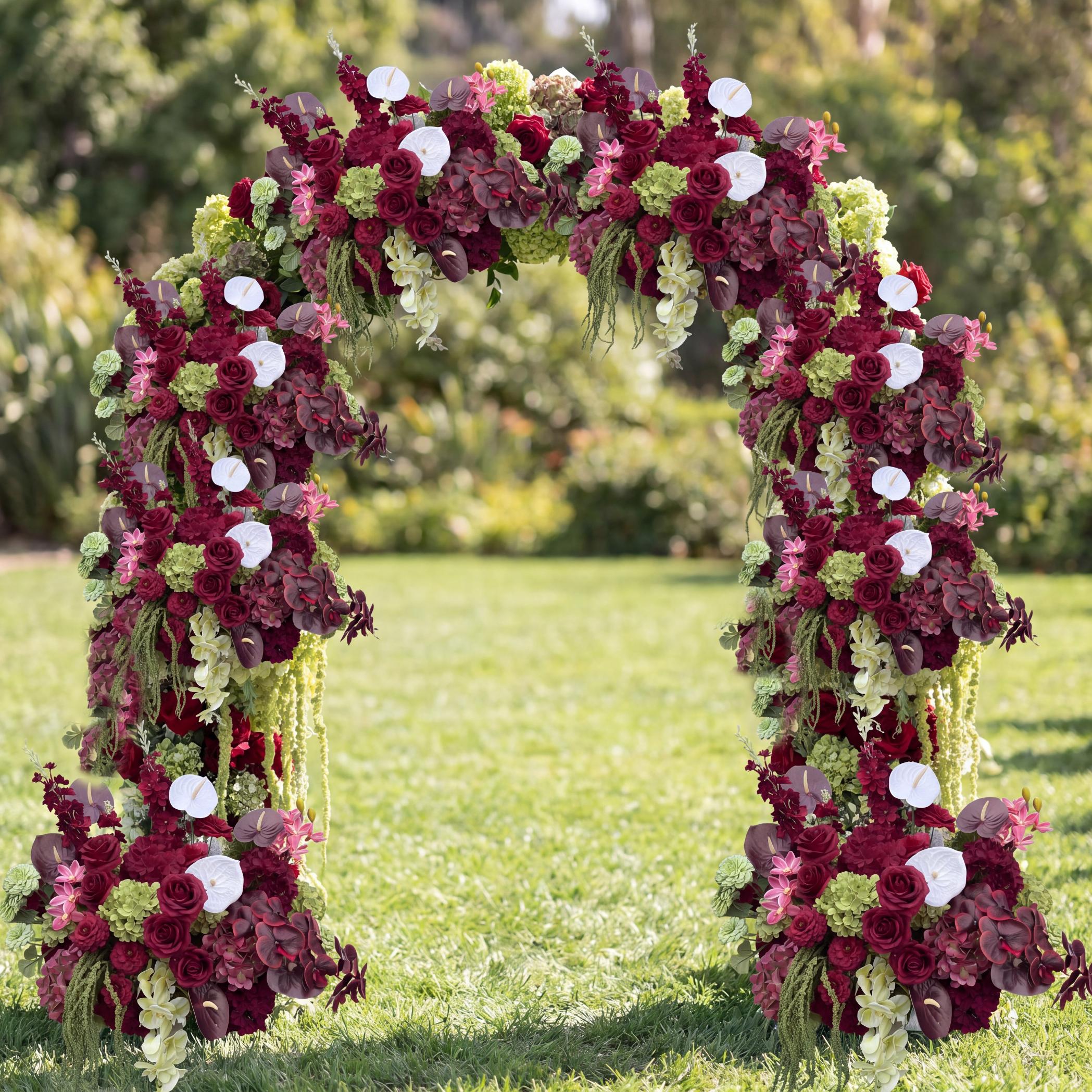 RoseyTime Burgundy Mosscurl Flower Arch n-shape Round Arch #RTA483