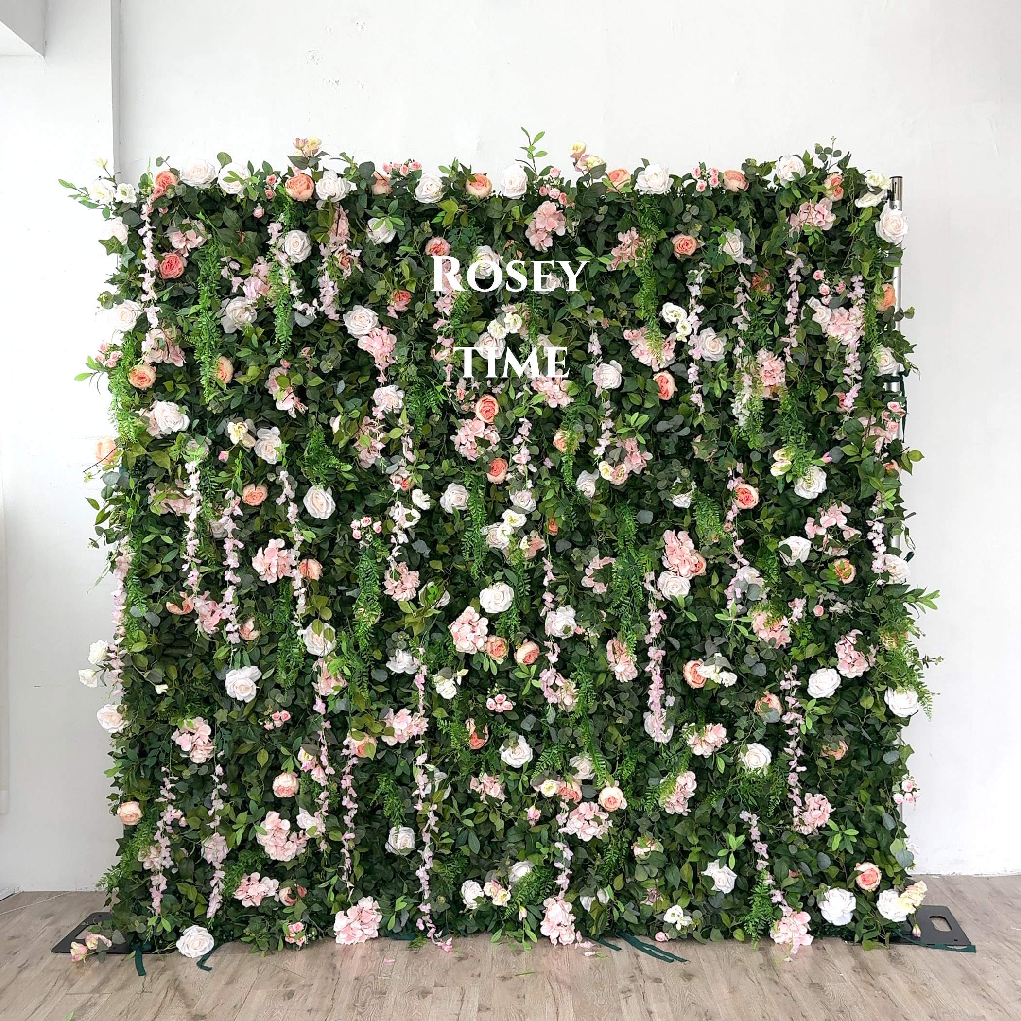 Roseytime 5D Greenery Pink Flower Wall Roll Up Fabric Back #RTW353