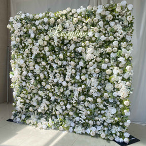 Roseytime 3D White&Green Artificial Flower Wall Roll Up Fabric Back #RTW277