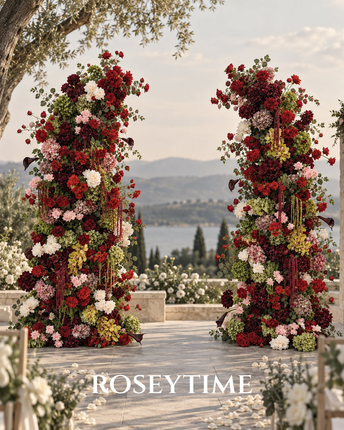 Roseytime Burgundy Verona Flower Pillars Arch with Frame #RTP167