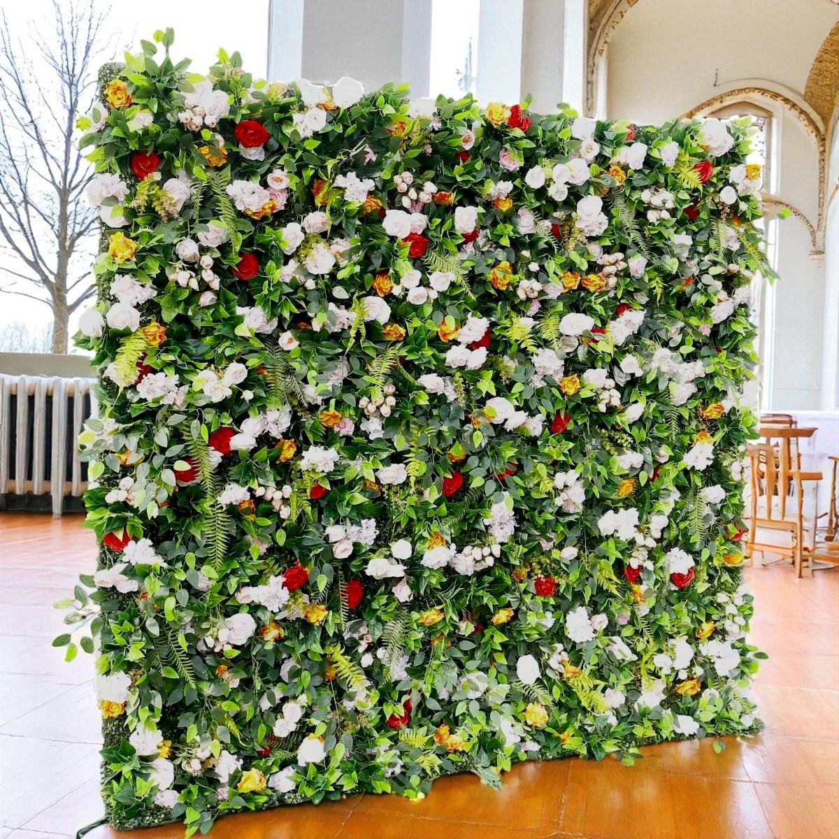 Roseytime 5D Greenery White Rose With Light Pink Flower Wall Roll Up Fabric Back #RTW359
