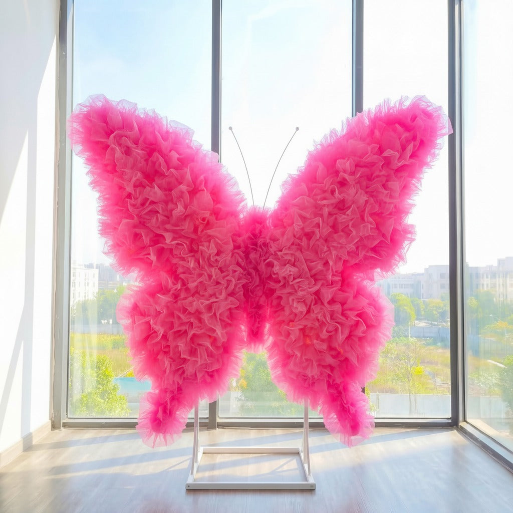 Roseytime Hot Pink Tulle Butterfly Backdrop Wall Roll Up Fabric Back #RTW399