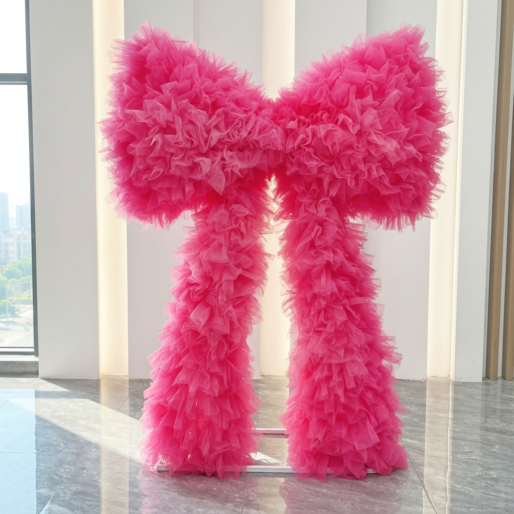 Roseytime Hot Pink Tulle Bow Backdrop Wall Roll Up Fabric Back #RTW400