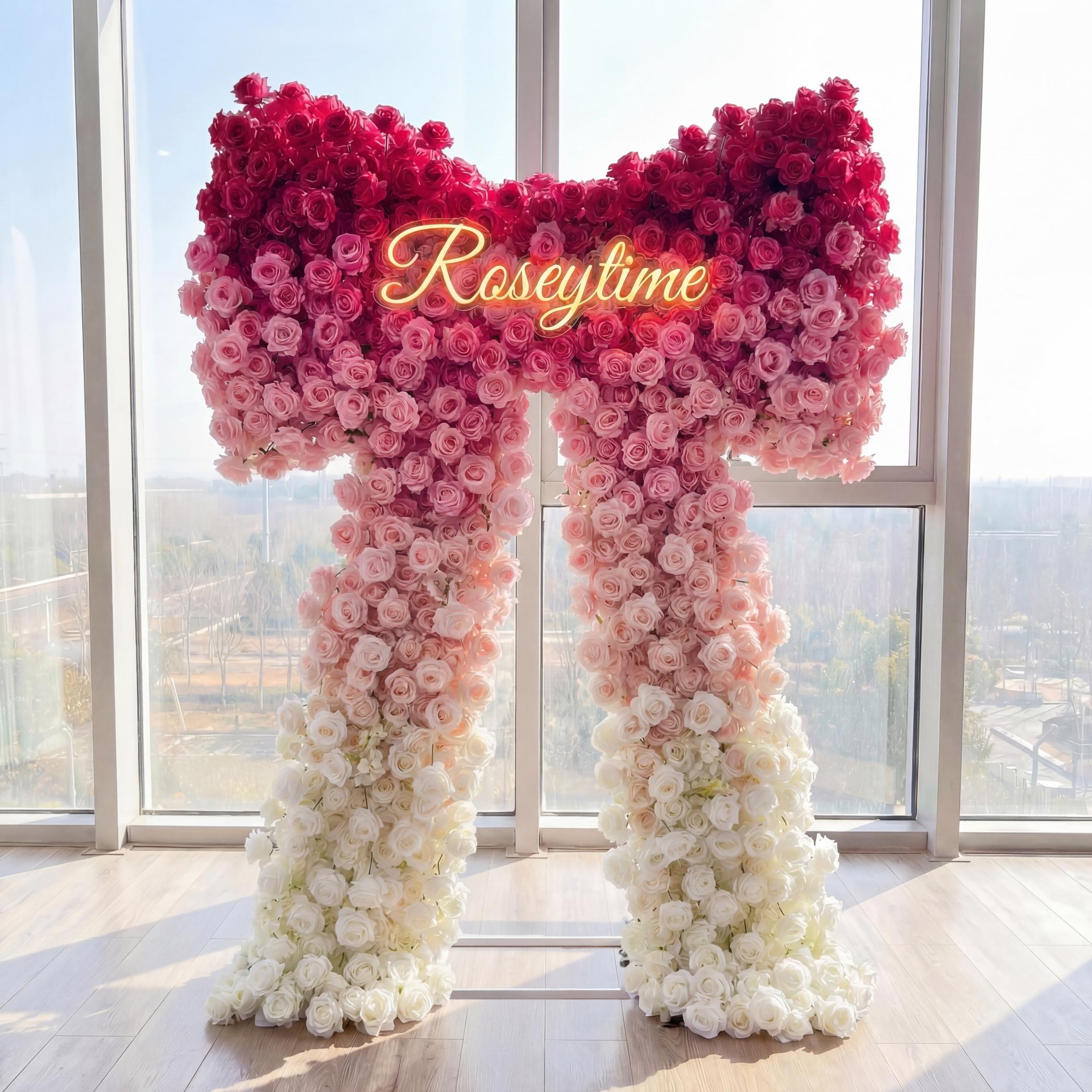 Roseytime Gradient Hot Pink Bow Flower Wall Roll Up Fabric Back #RTW442
