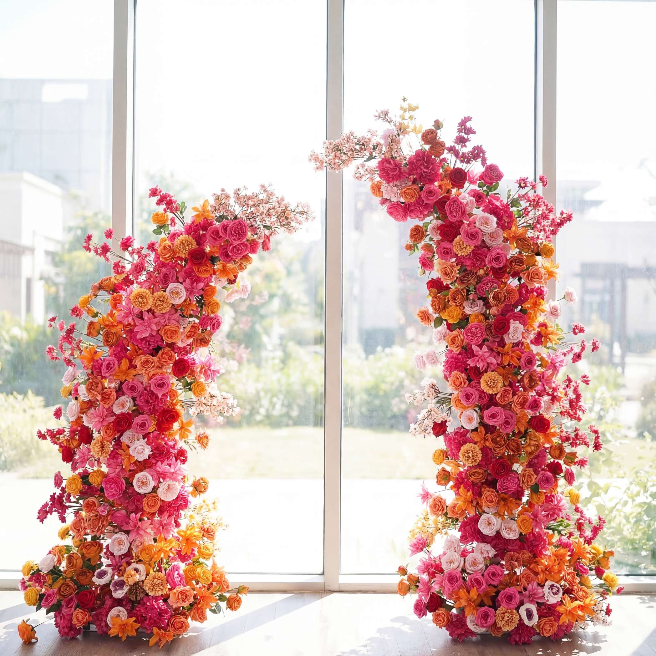 Roseytime Fuchsia&Orange Flower Pillars Arch with Frame #RTP067