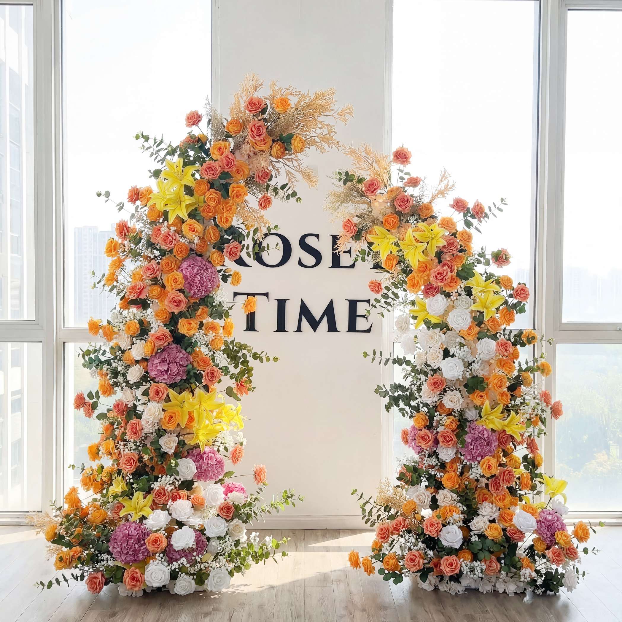 Roseytime Yellow&Orange Flower Pillars Arch with Frame #RTP058