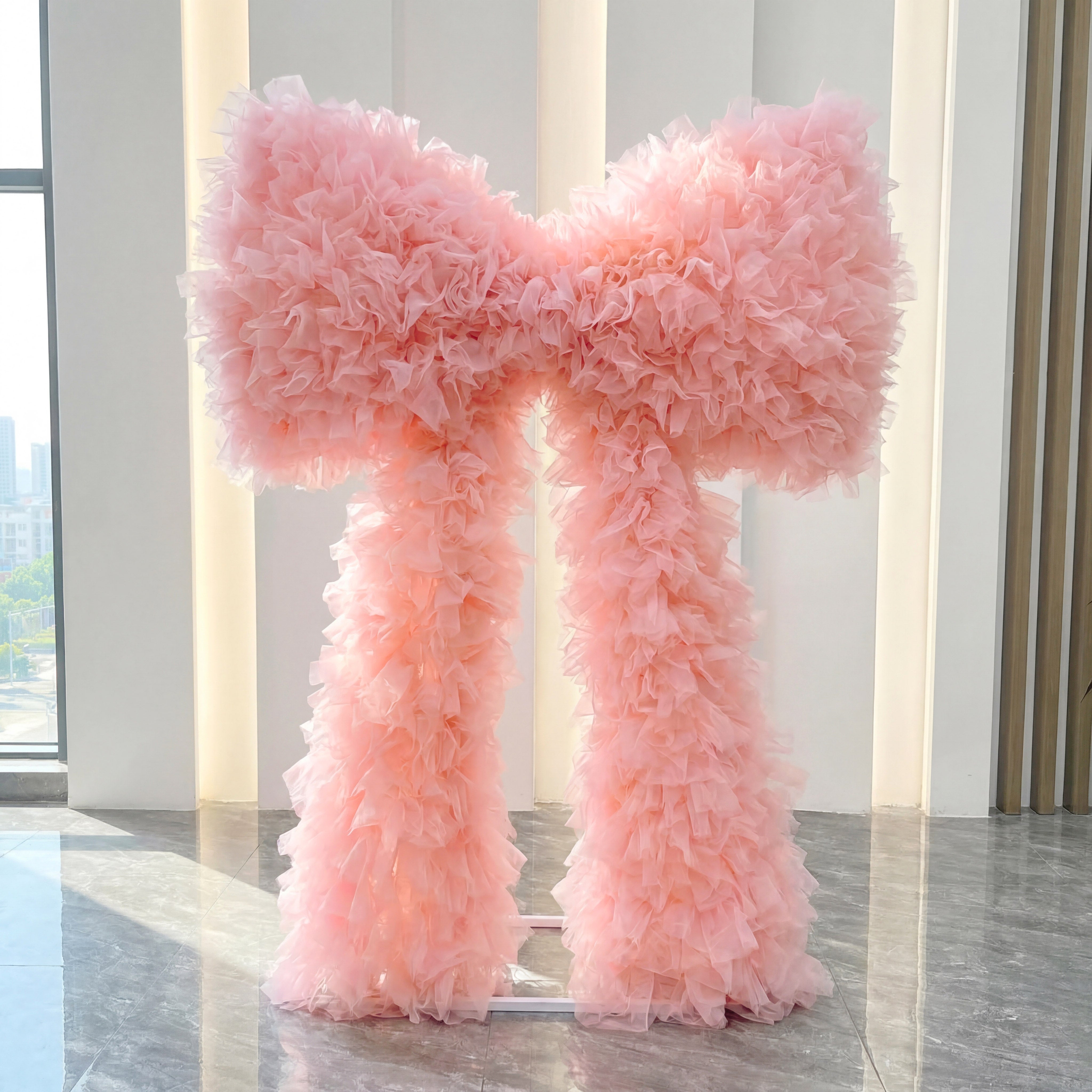 Roseytime Peach Pink Tulle Bow Backdrop Wall Roll Up Fabric Back #RTW403