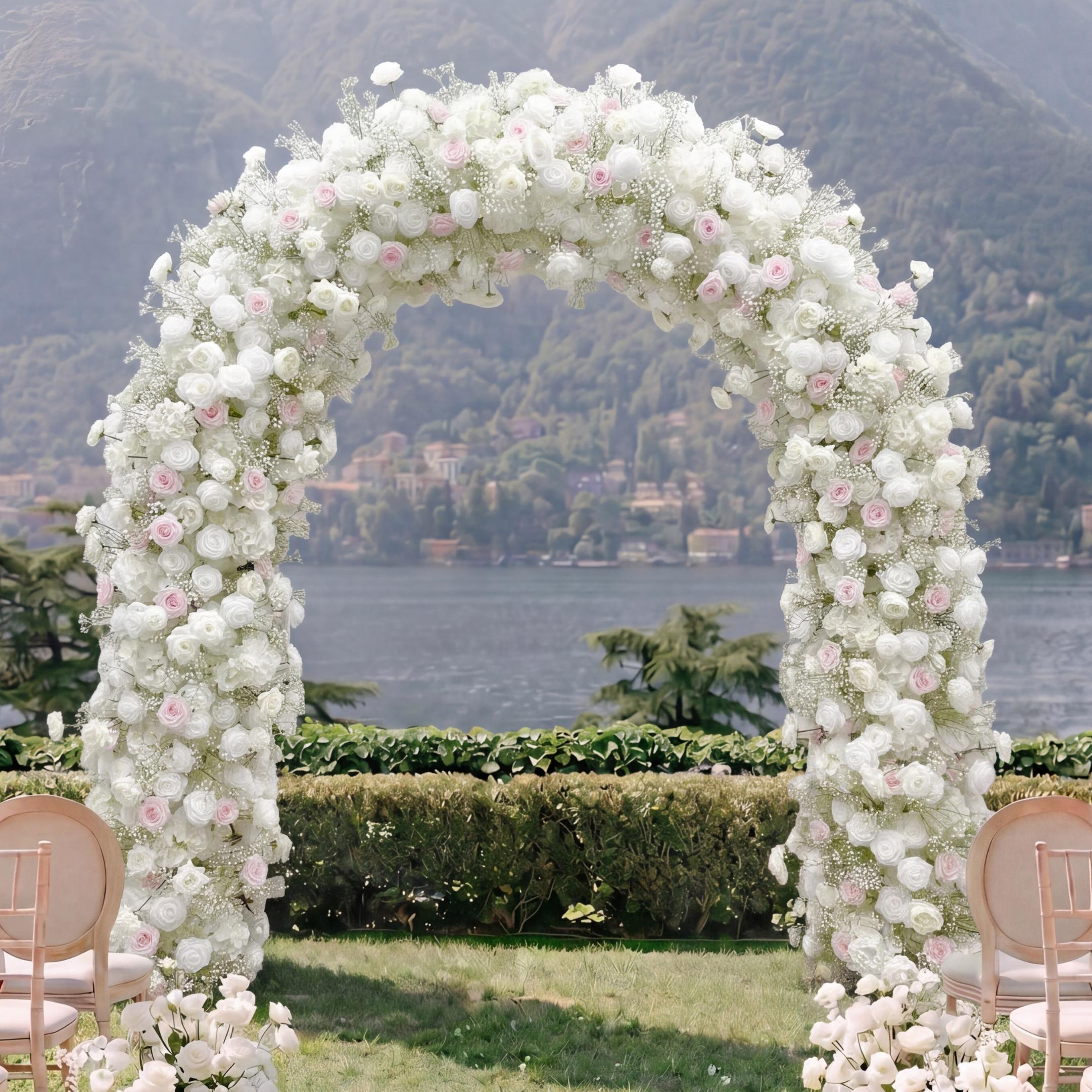 RoseyTime White&Pink Flower Arch With Baby's Breath n-shape Round Arch #RTA107