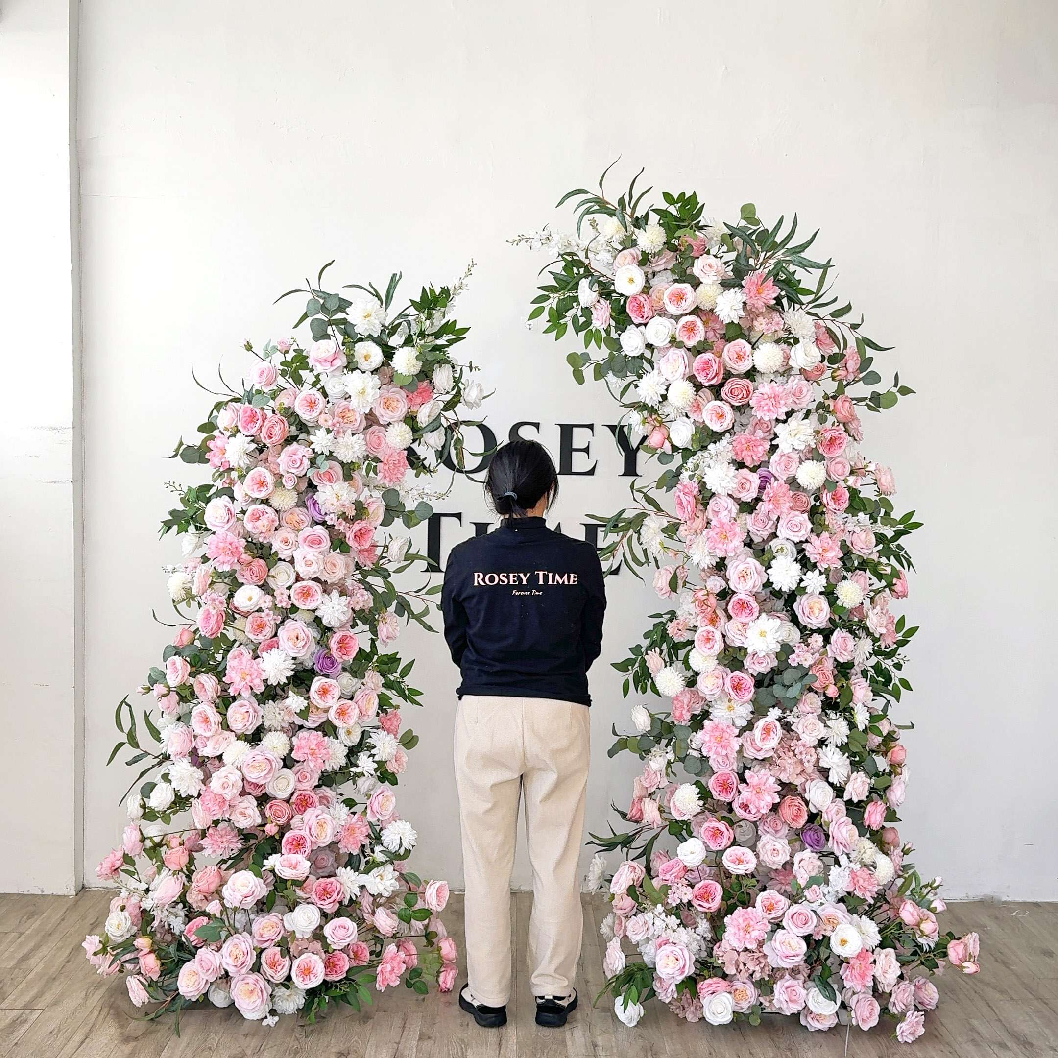 Roseytime Wedding Floral Pillars Arch Withe Pink Flowers with Frame #RTP002