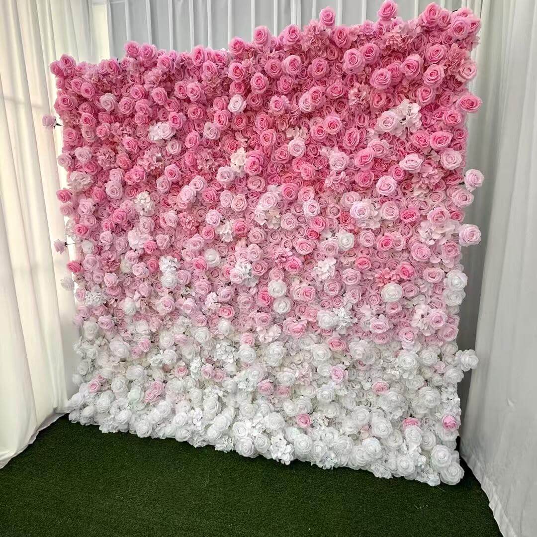 Roseytime 3D White and Pink Gradient Rose Flower Wall Fabric Back #RTW149