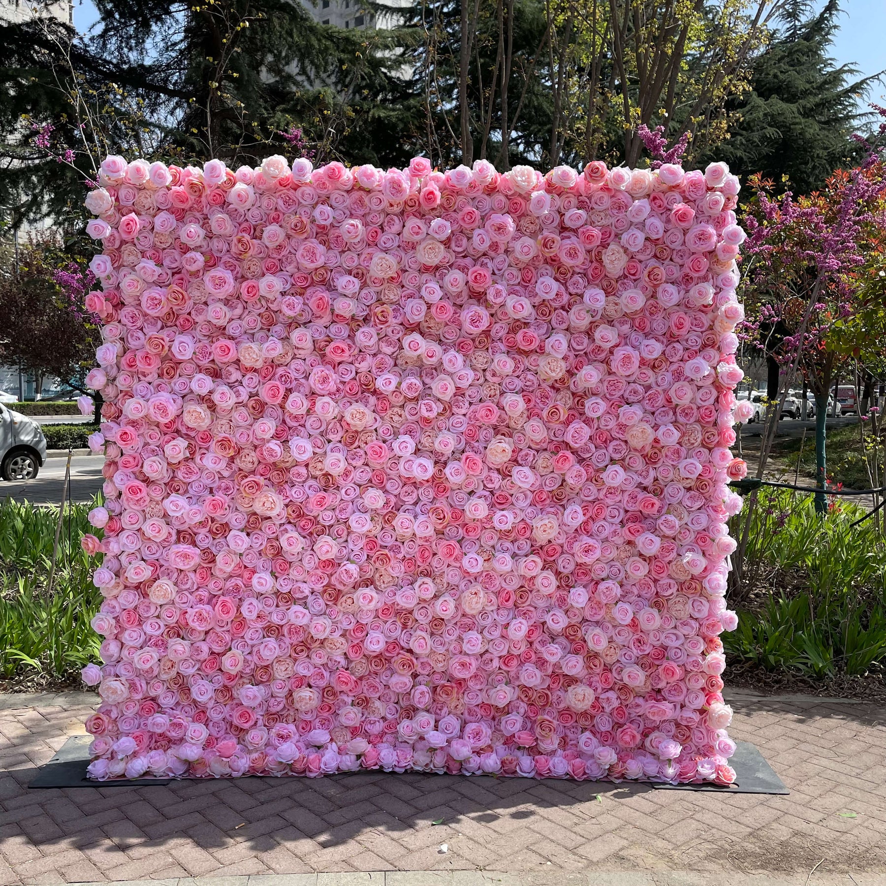 Roseytime 3D Pink Flower Wall Roll Up Fabric Back#RTW217