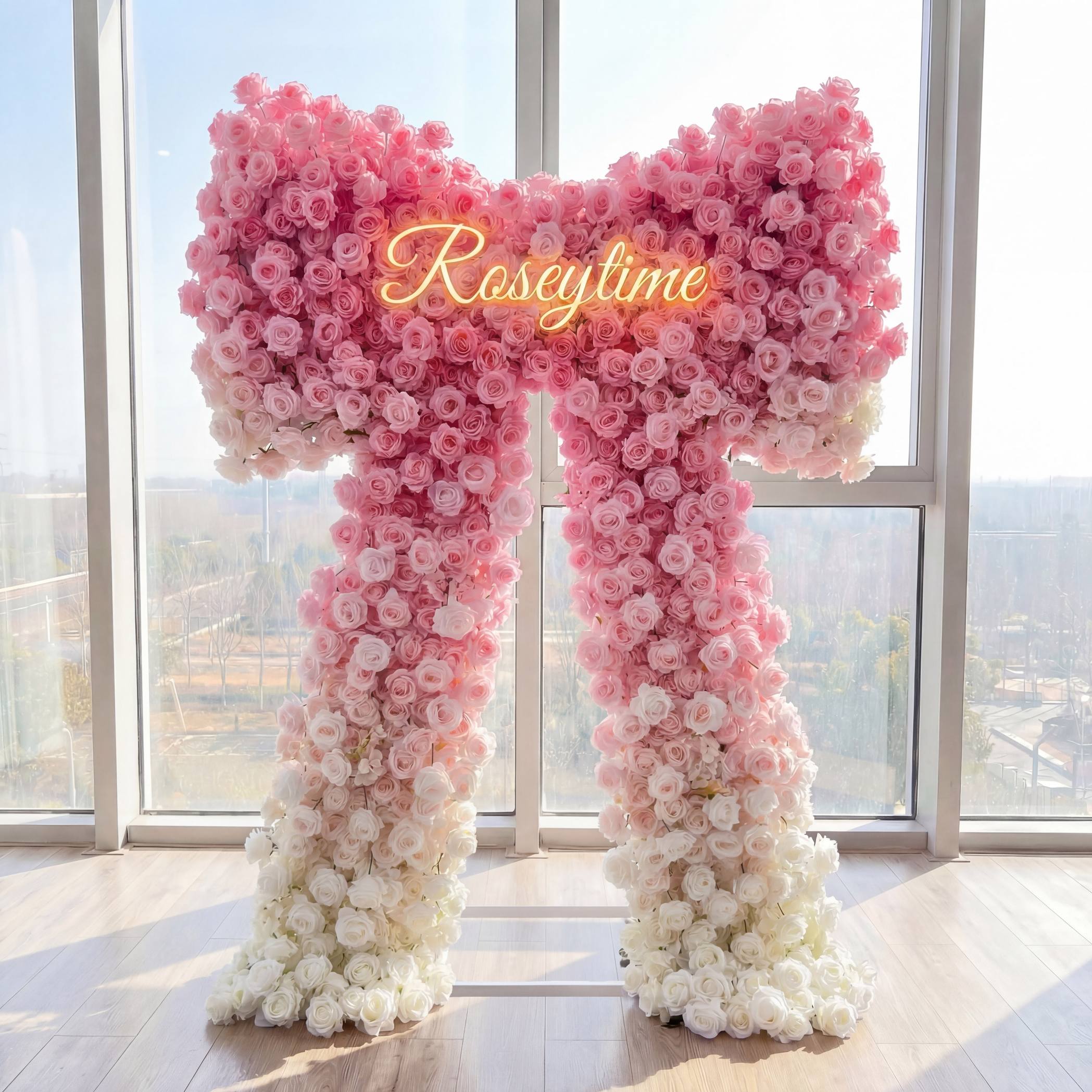 Roseytime Gradient Pink Bow Flower Wall Roll Up Fabric Back #RTW441