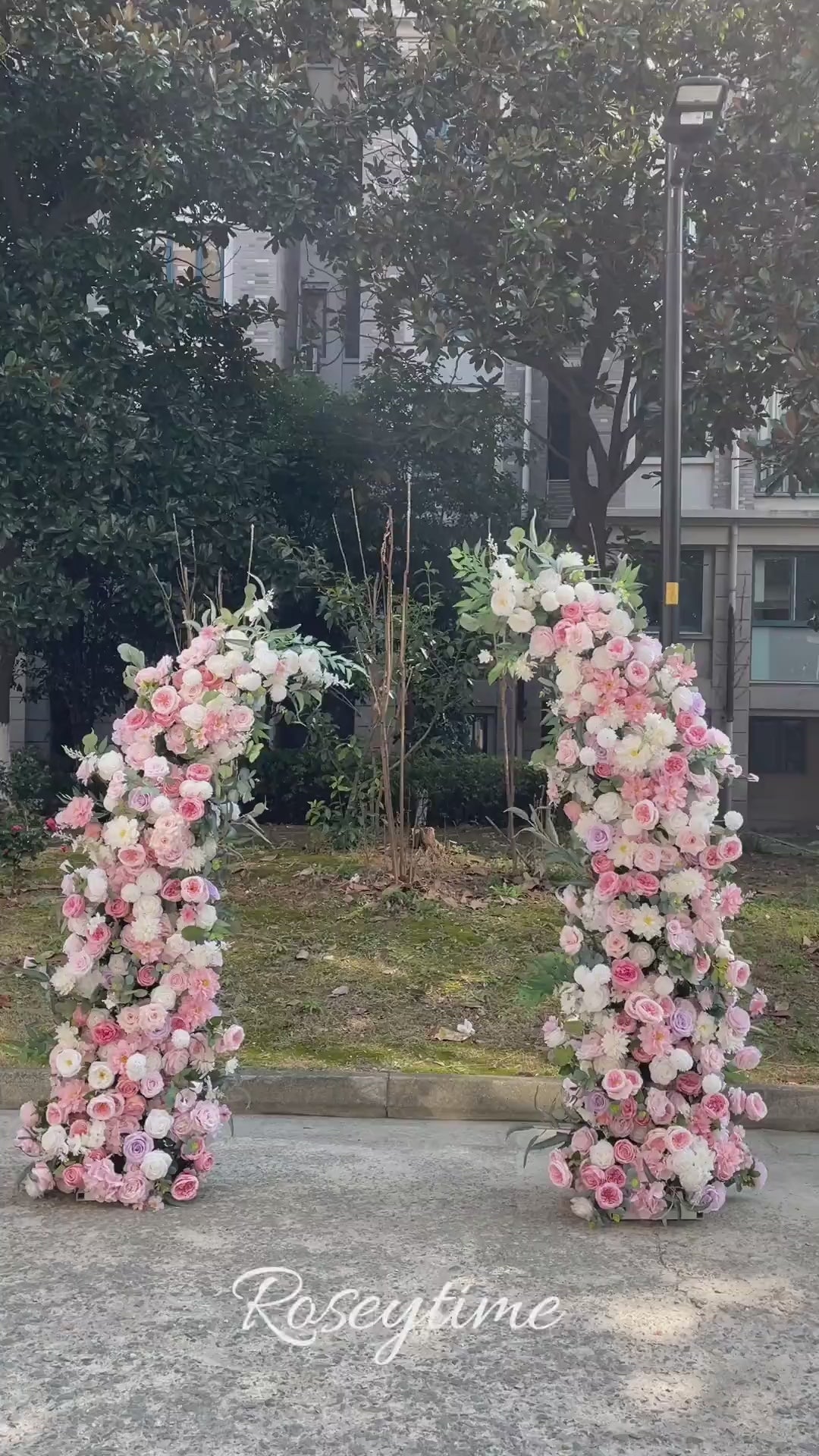 Roseytime Wedding Floral Pillars Arch Withe Pink Flowers with Frame #RTP002