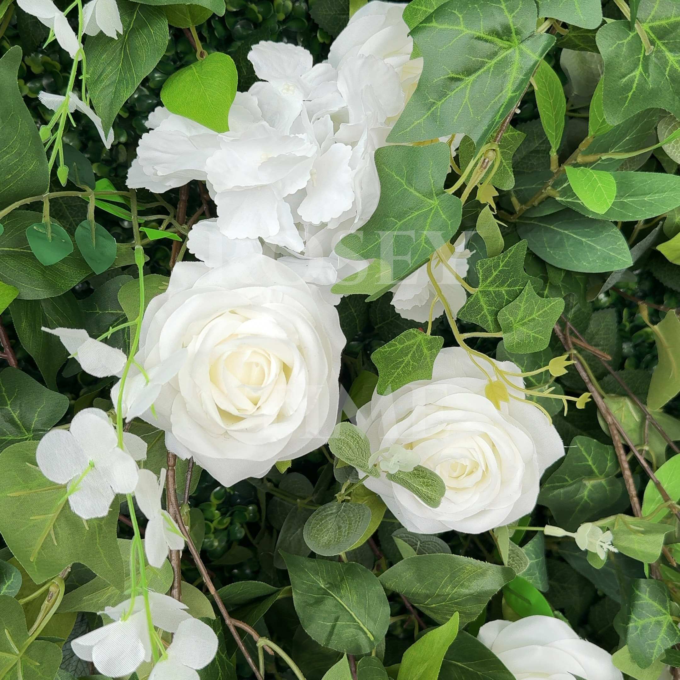 Roseytime 3D White&Green Greenery Flower Wall Roll Up Fabric Back #RTW012