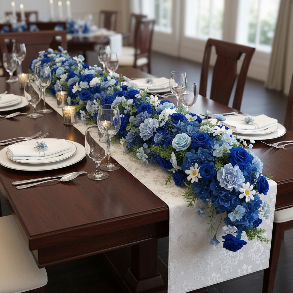 Roseytime Royal Blue Flower Runner Table Flower Decor#RTR092