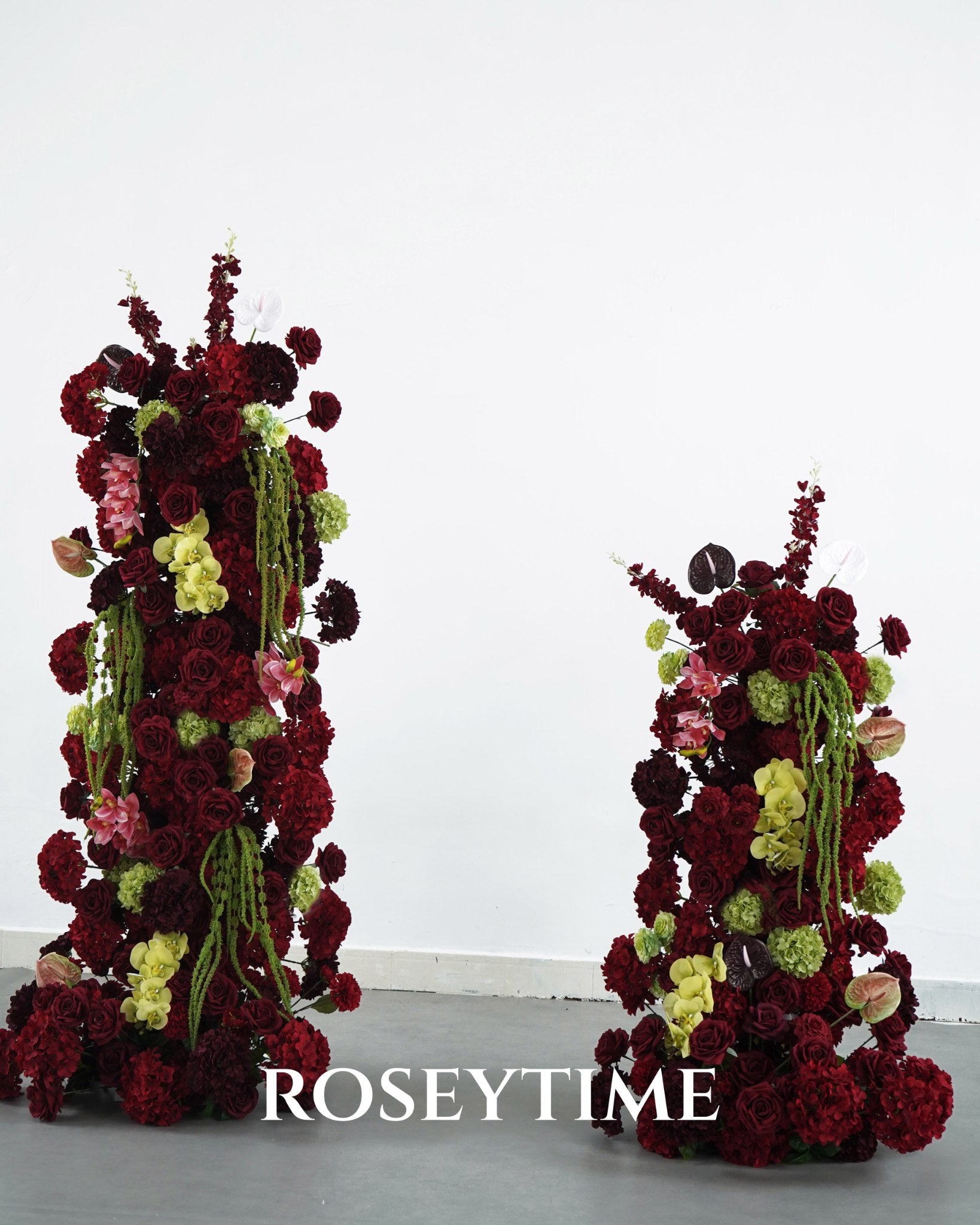 Roseytime Burgundy Mosscurl Flower Pillars Arch with Frame #RTP139