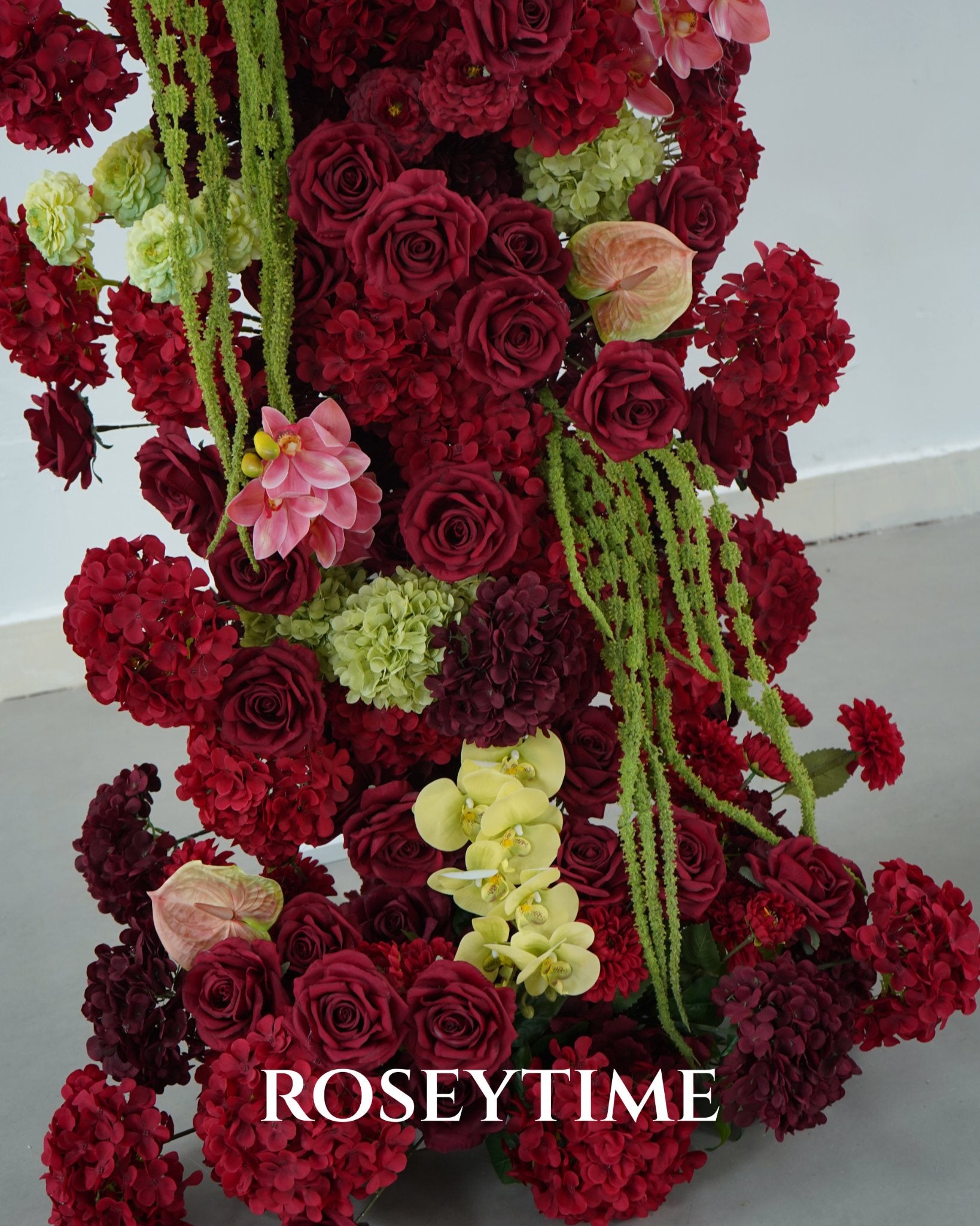 Roseytime Burgundy Mosscurl Flower Pillars Arch with Frame #RTP139