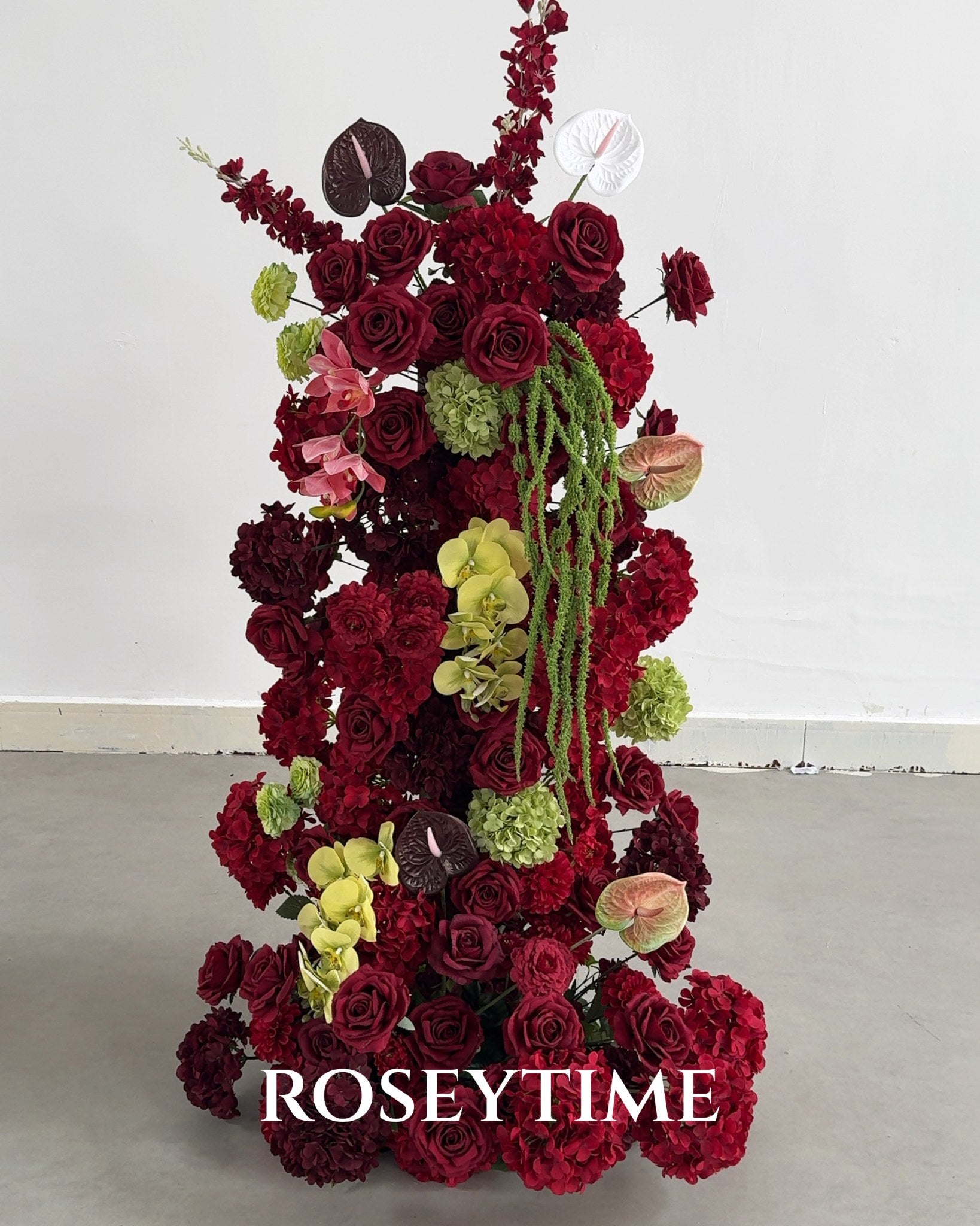 Roseytime Burgundy Mosscurl Flower Pillars Arch with Frame #RTP139