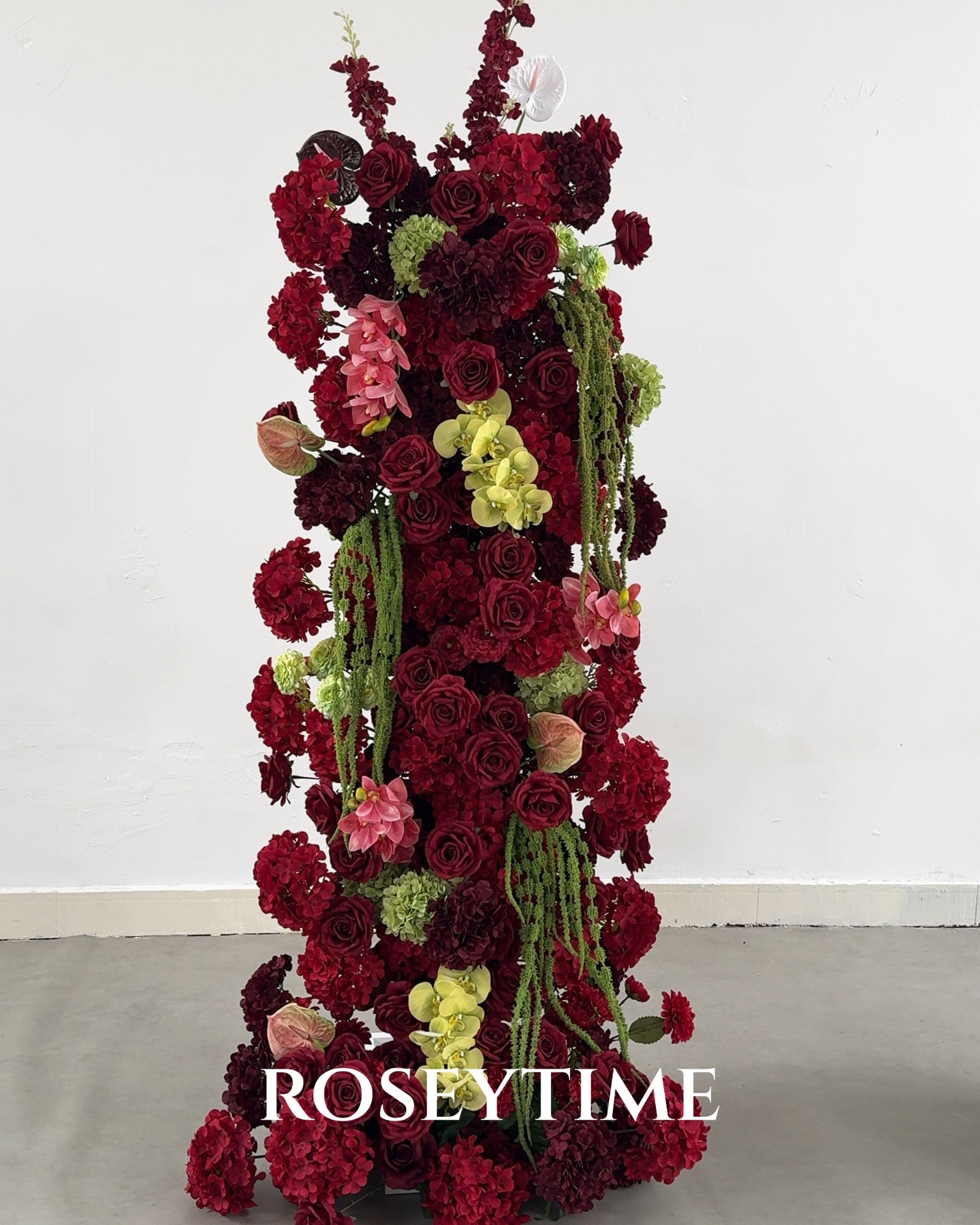 Roseytime Burgundy Mosscurl Flower Pillars Arch with Frame #RTP139