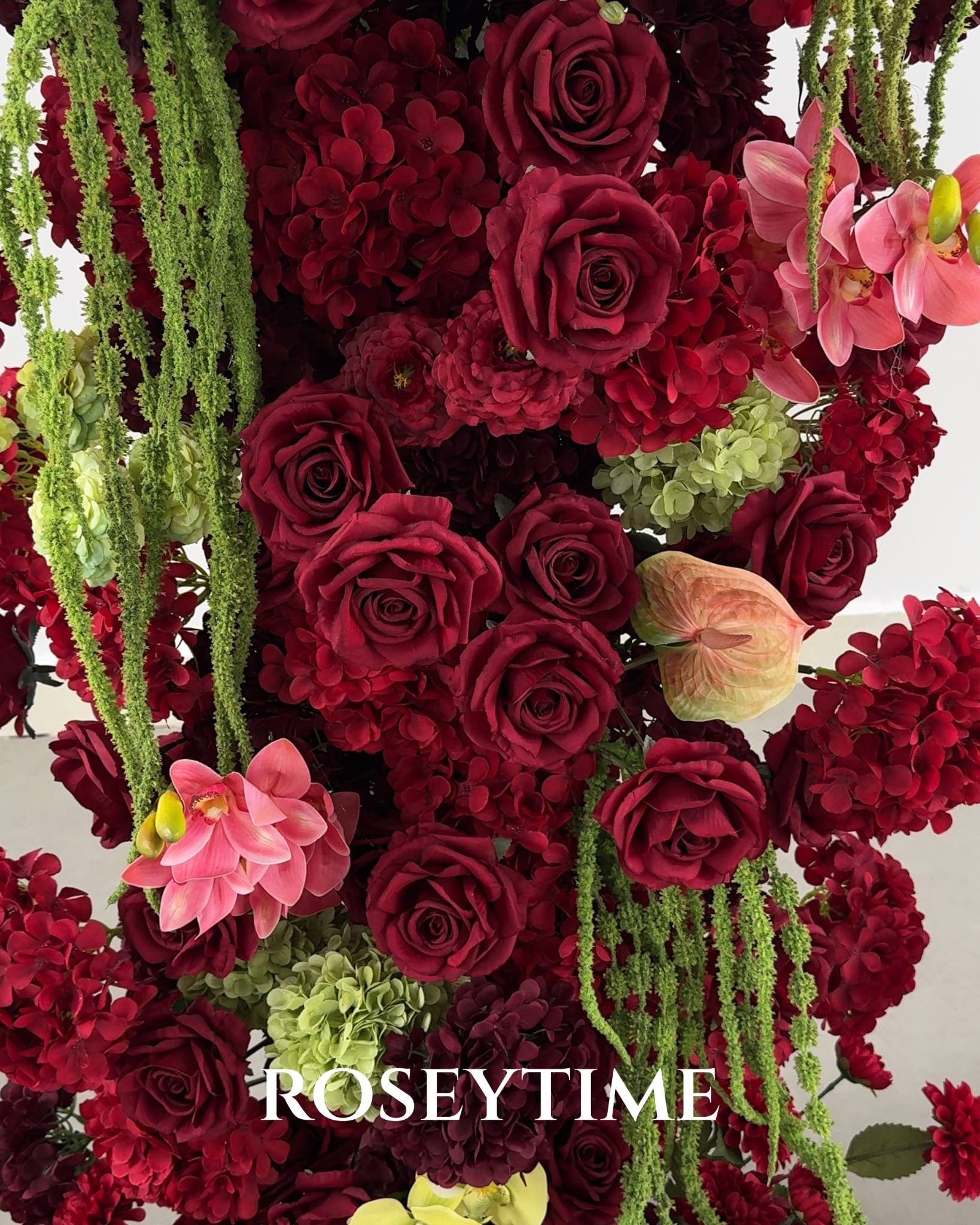 Roseytime Burgundy Mosscurl Flower Pillars Arch with Frame #RTP139