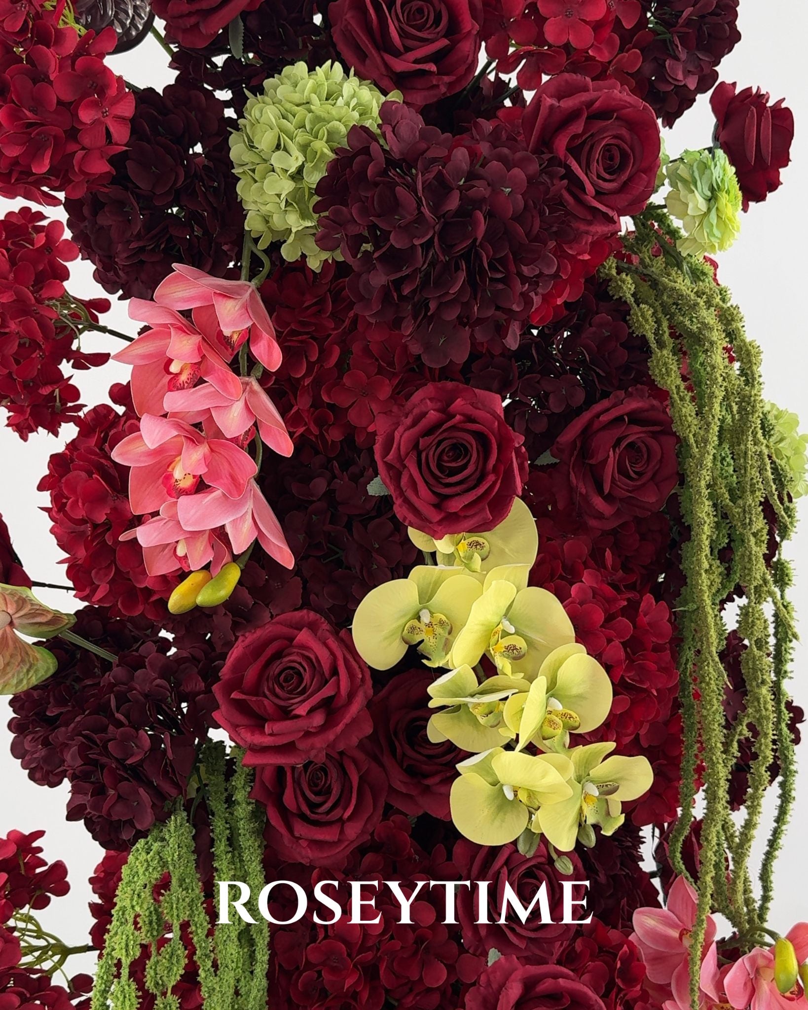 Roseytime Burgundy Mosscurl Flower Pillars Arch with Frame #RTP139
