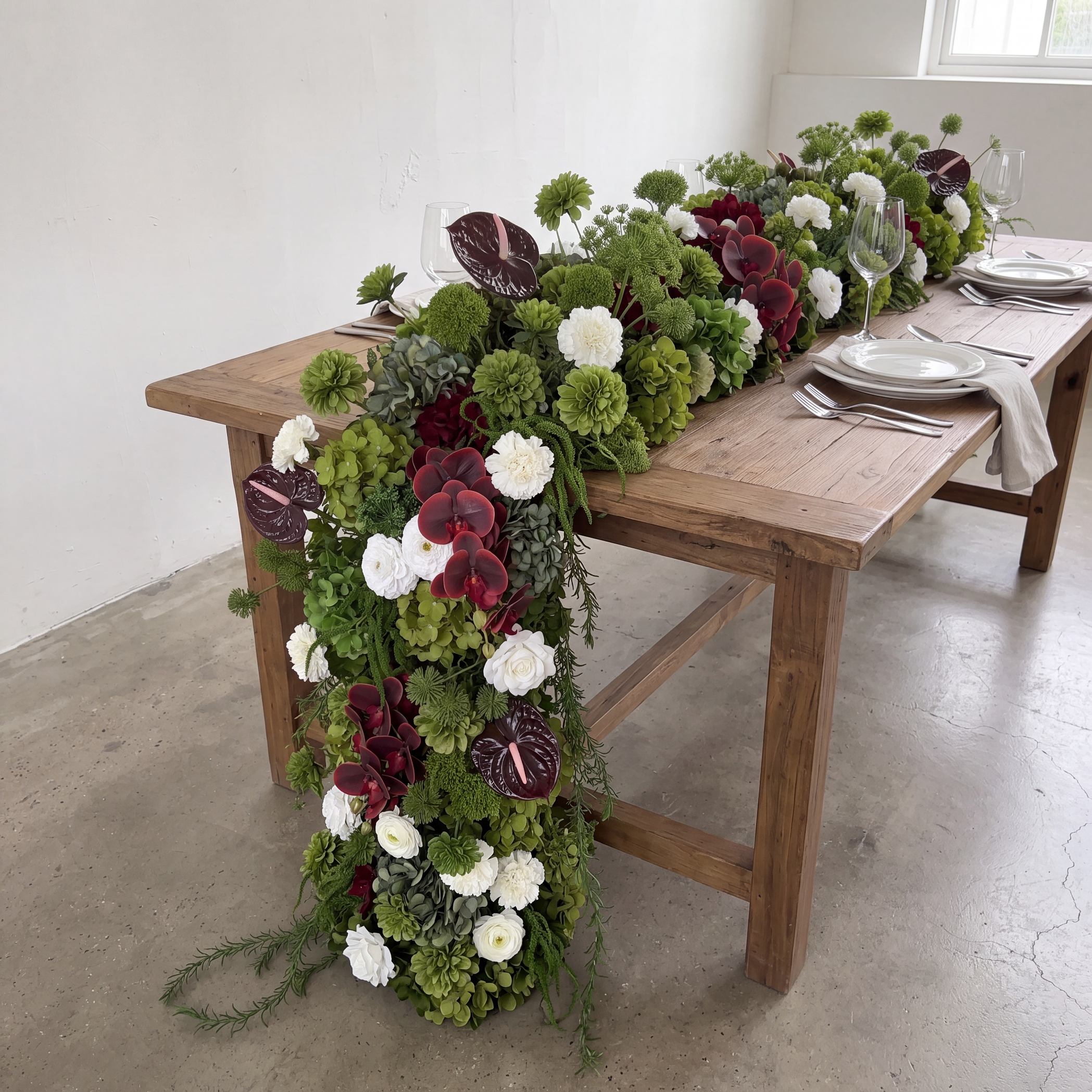 Roseytime Dark Green& Burgundy Flower Runner Table Flower Decor#RTR101
