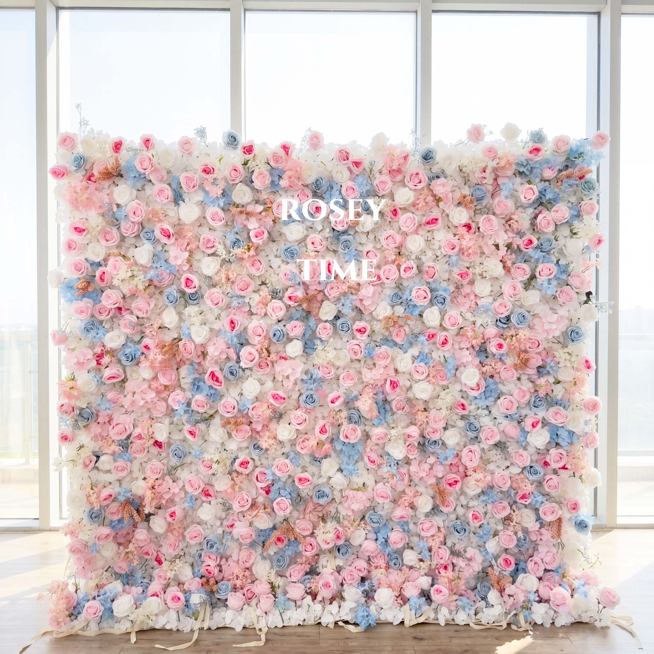 Roseytime 3D Pink&Blue Flower Wall Roll Up Fabric Back #RTW007
