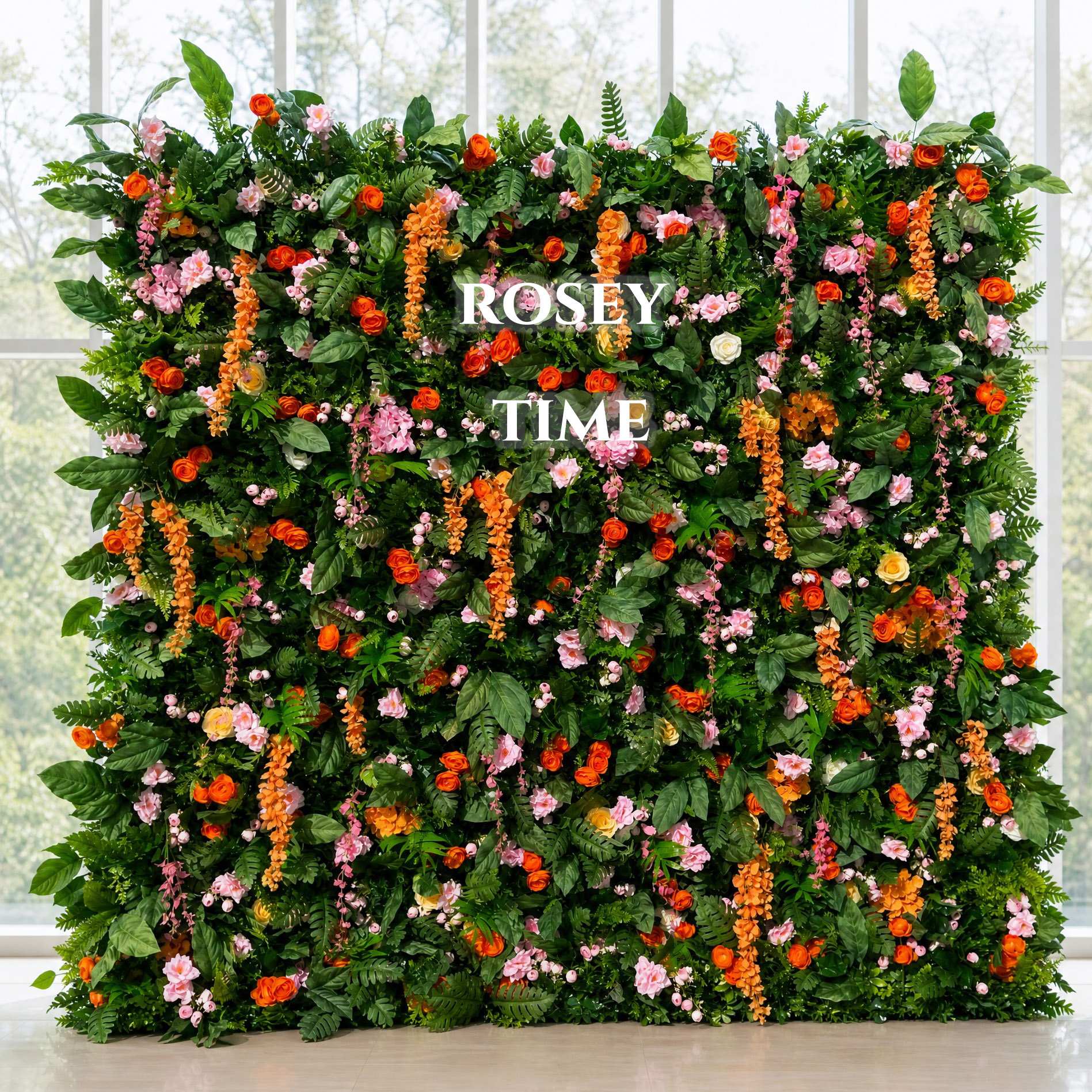 Roseytime 5D Greenery Orange Flower Wall Roll Up Fabric Back #RTW122