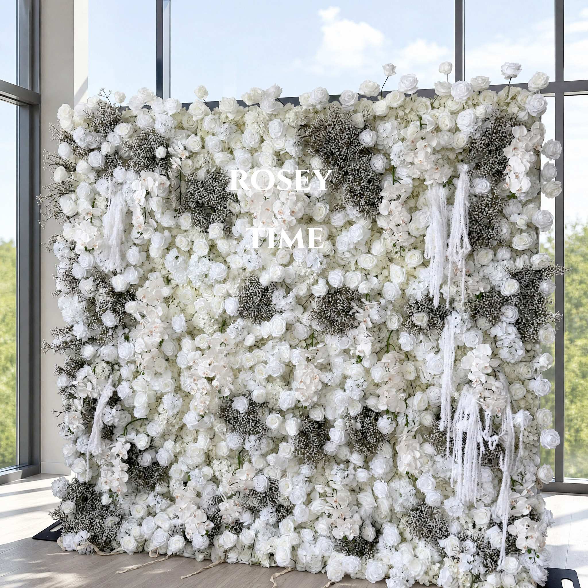 Roseytime 5D White Baby's Breath Flower Wall Roll Up Fabric Back #RTW132