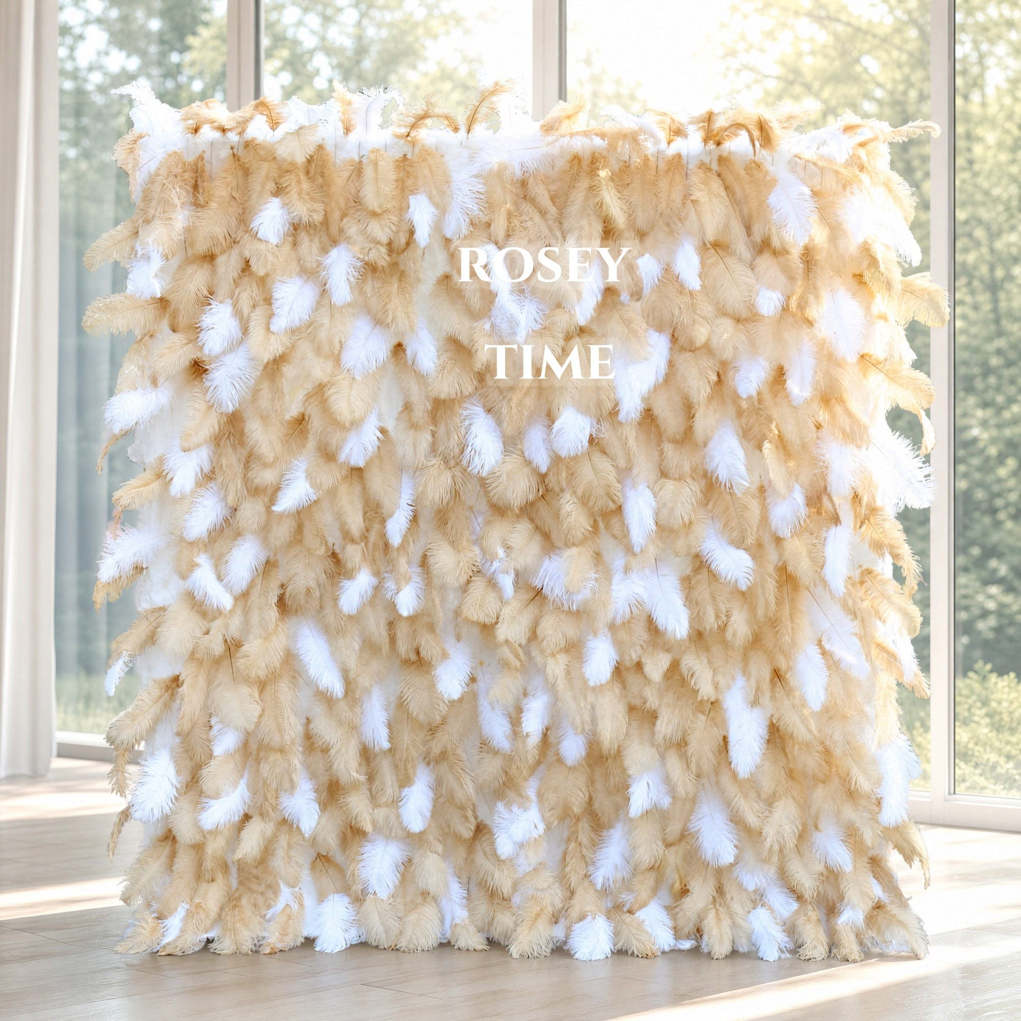 Roseytime 5D Champagne White Feather Wall Roll Up Fabric Back #RTW285