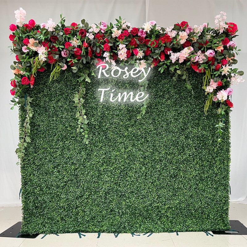 Roseytime Wedding Grass Red Flower Wall Roll Up Fabric Back Greenery Backdrop#RTW010