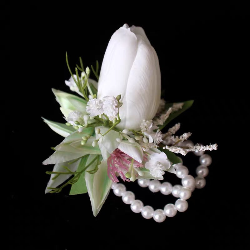 Roseytime White Tulip Wrist Corsage for Wedding RTWC009