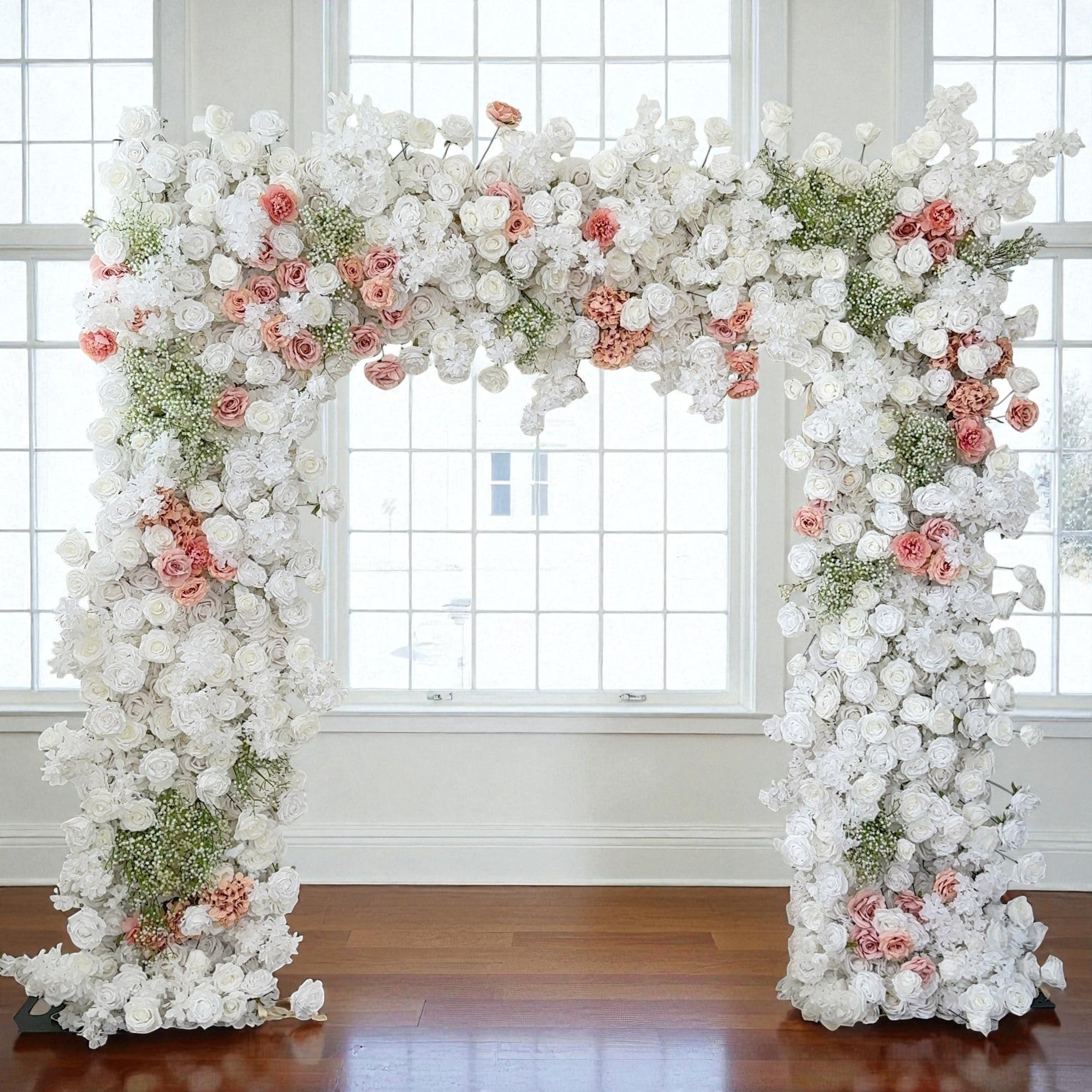 Roseytime White Roses&Baby's Breath Square Flower Arch Fabric Back#RTA358
