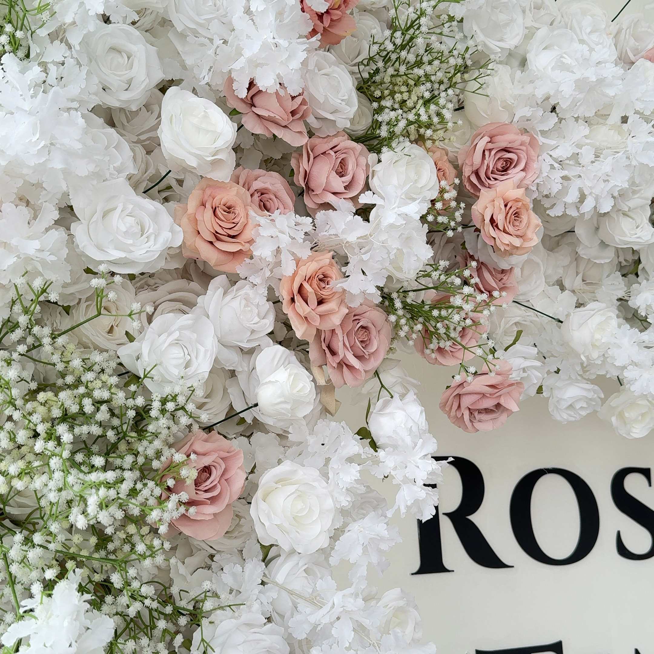 Roseytime White Roses&Baby's Breath Square Flower Arch Fabric Back#RTA358