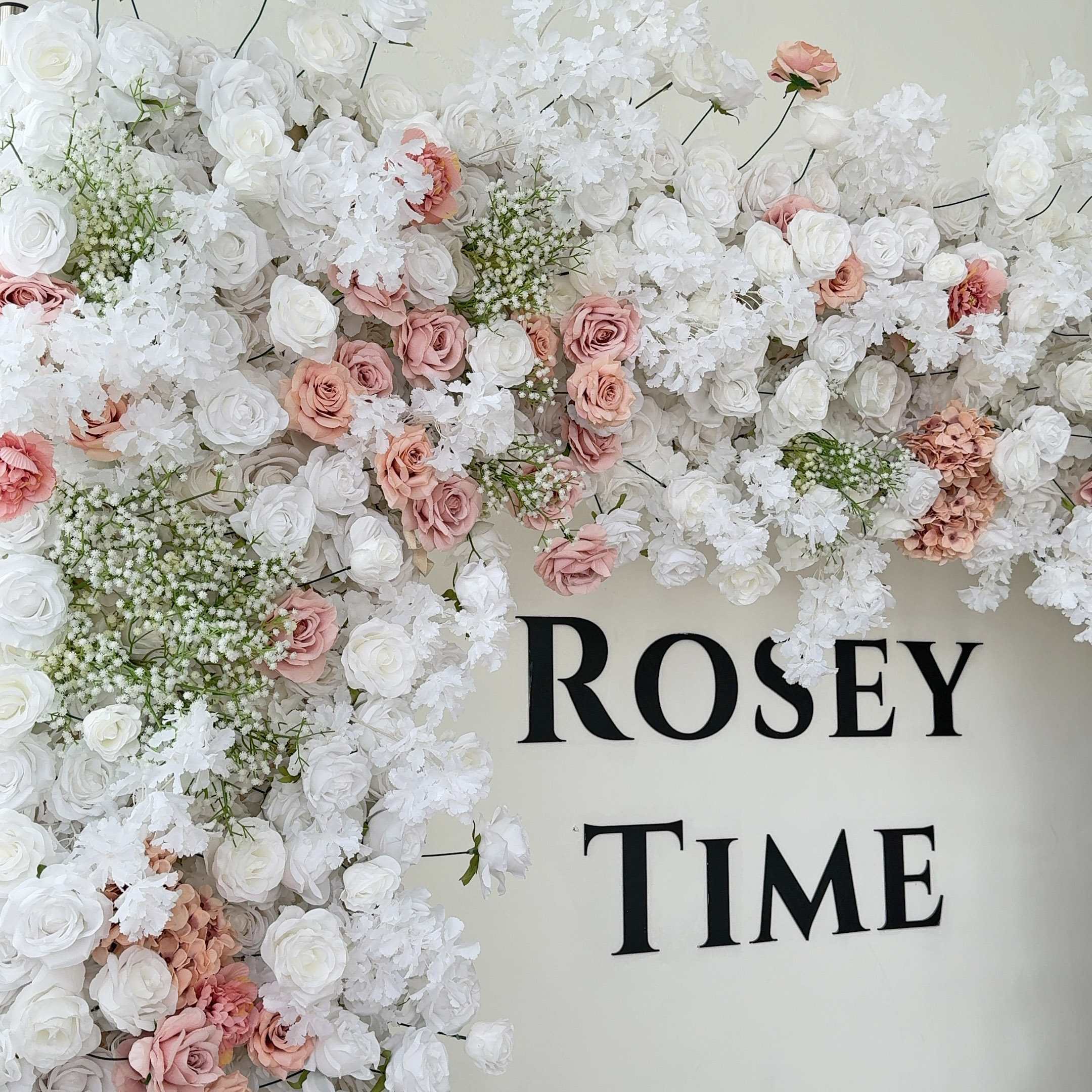 Roseytime White Roses&Baby's Breath Square Flower Arch Fabric Back#RTA358